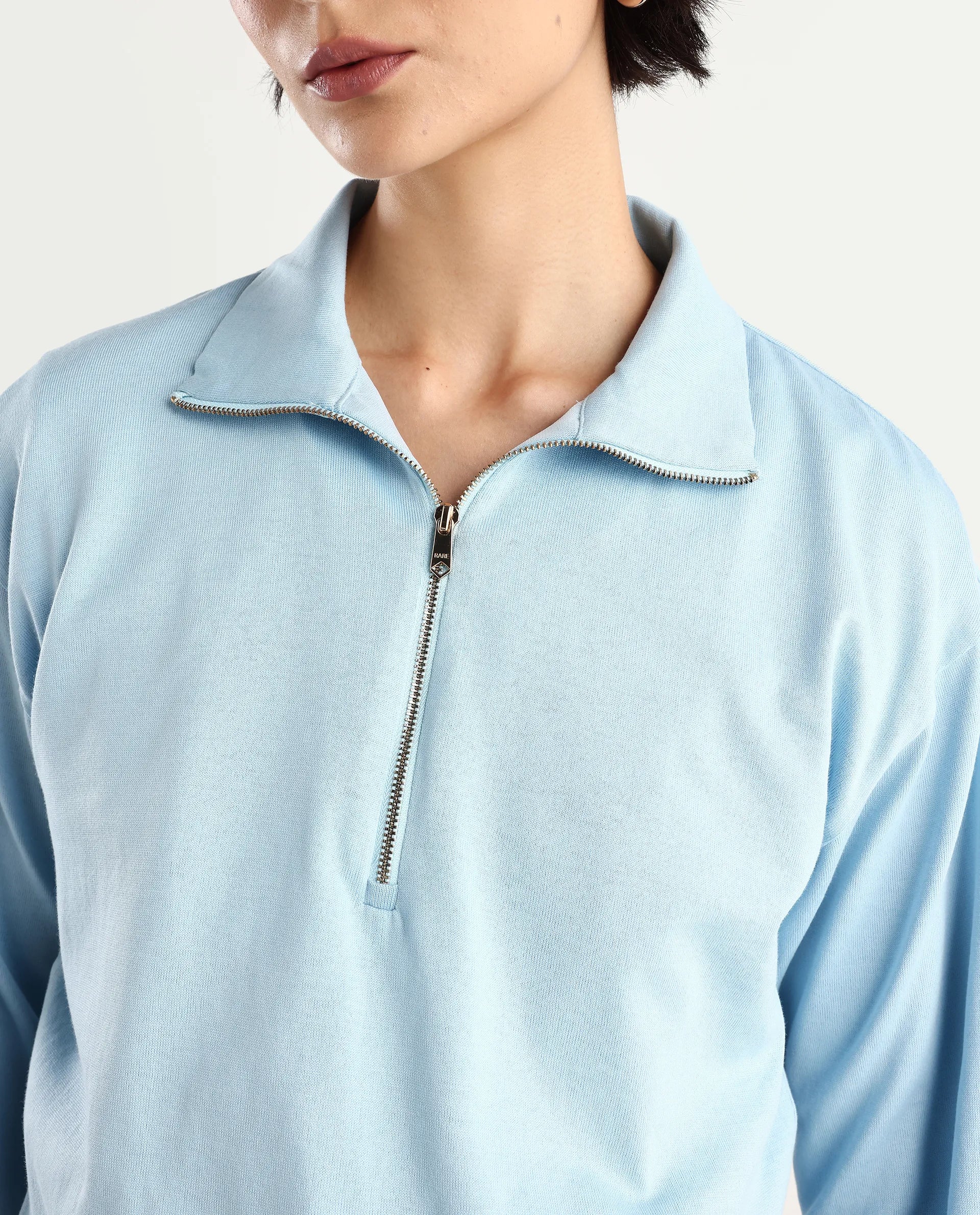 Rareism Women's Velma Light Blue Nylon Blend Drop Collar Plain Crop Relaxed Fit Top - Image 4