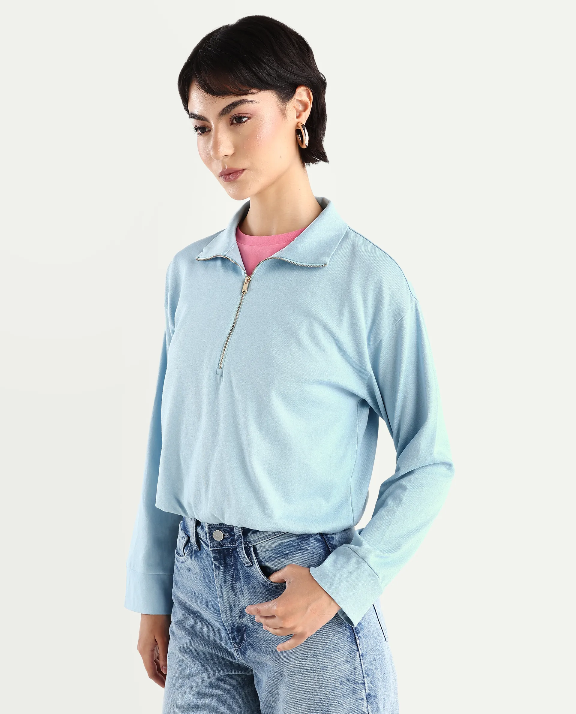 Rareism Women's Velma Light Blue Nylon Blend Drop Collar Plain Crop Relaxed Fit Top - Image 5