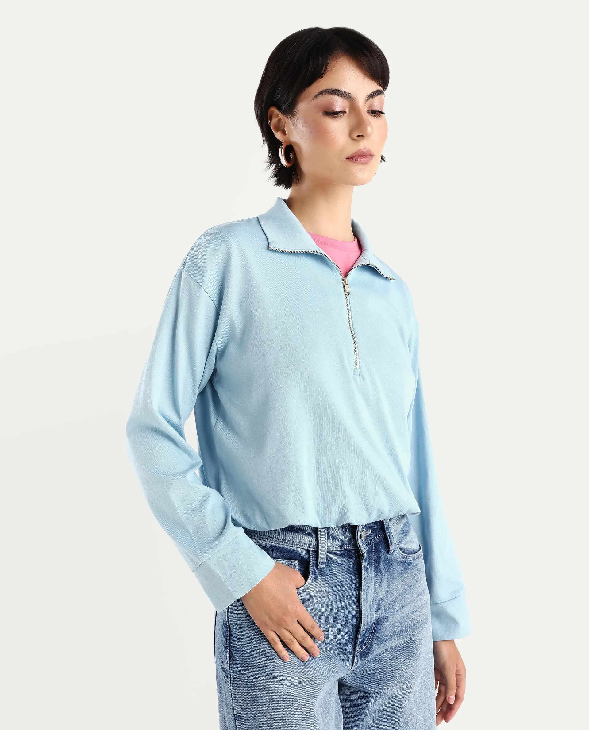 Rareism Women's Velma Light Blue Nylon Blend Drop Collar Plain Crop Relaxed Fit Top - Image 6