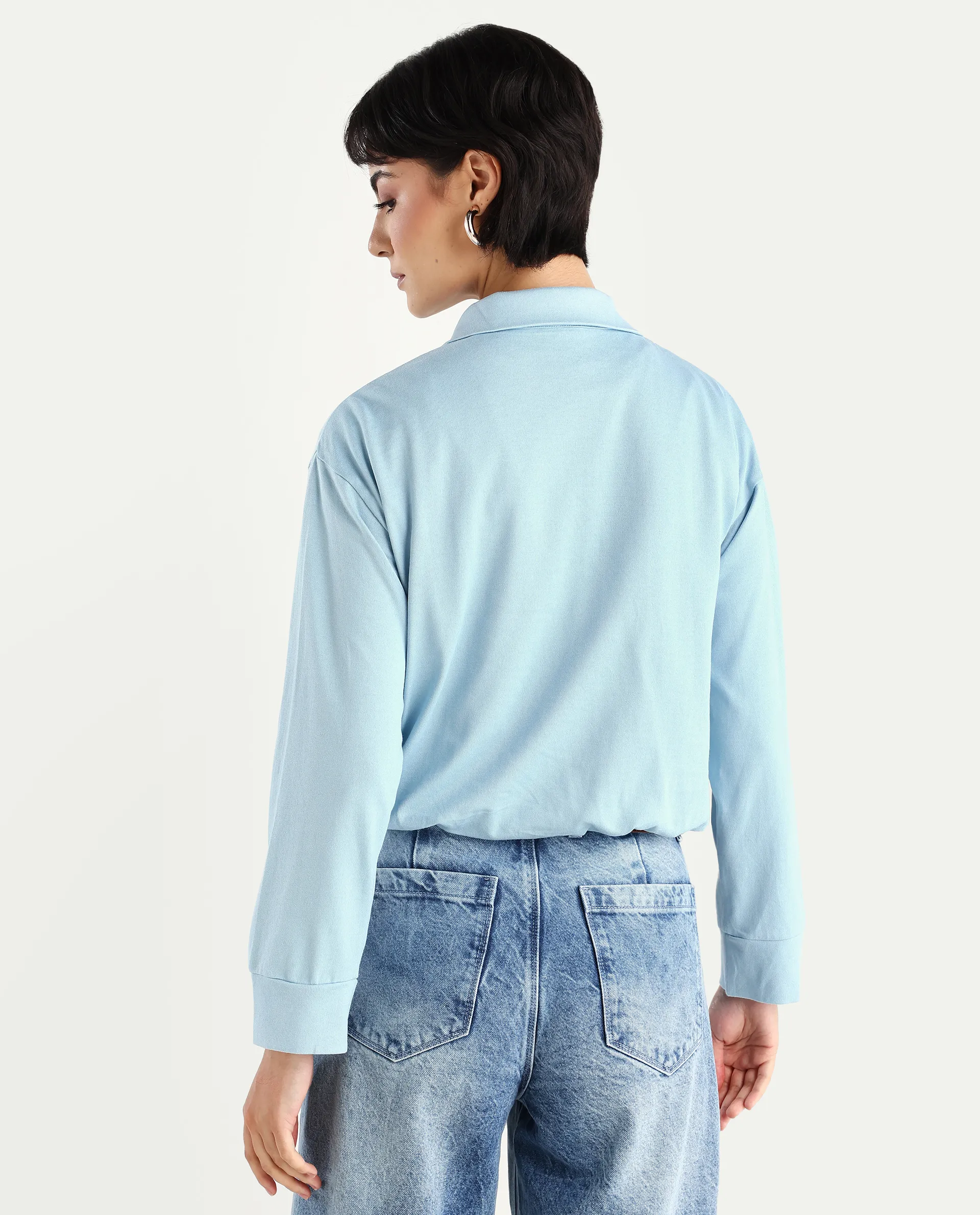 Rareism Women's Velma Light Blue Nylon Blend Drop Collar Plain Crop Relaxed Fit Top - Image 7