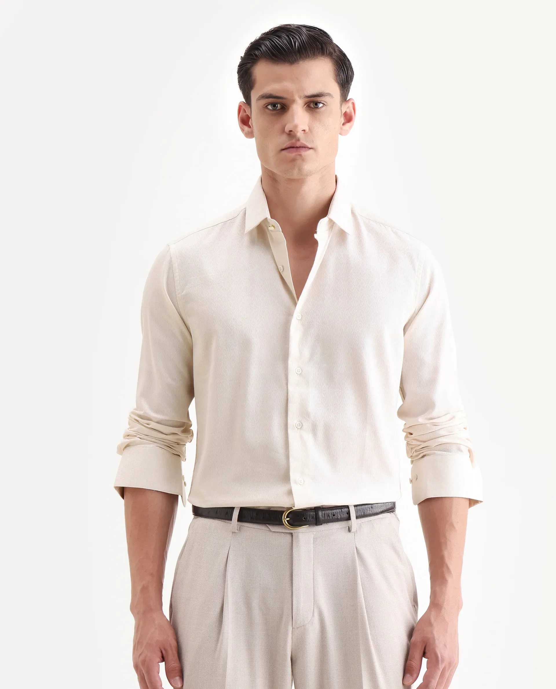 Rare Rabbit Men's Veloc Off White Cotton Plain Regular Fit Full Sleeve Collared Shirt - Image 4