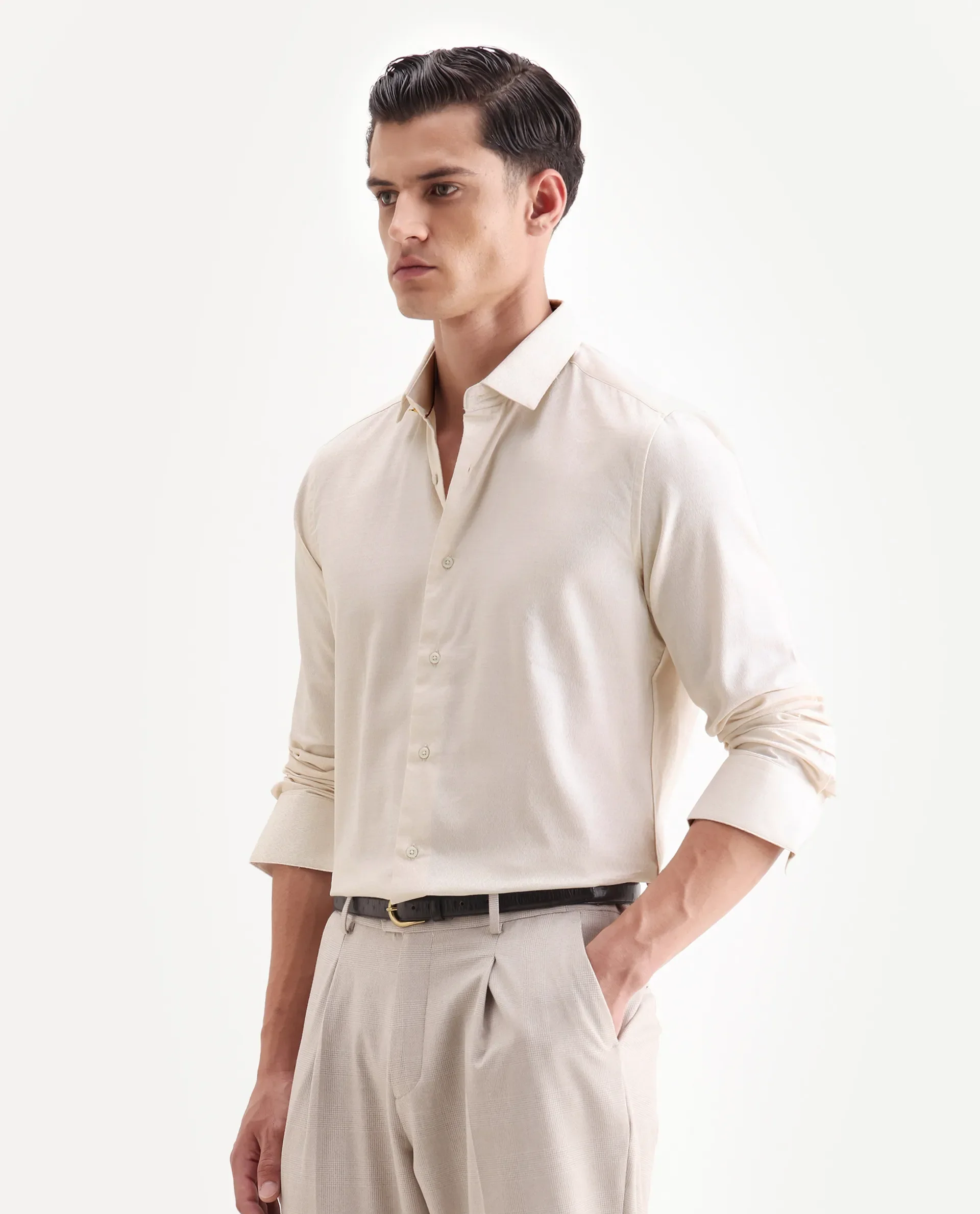 Rare Rabbit Men's Veloc Off White Cotton Plain Regular Fit Full Sleeve Collared Shirt - Image 5