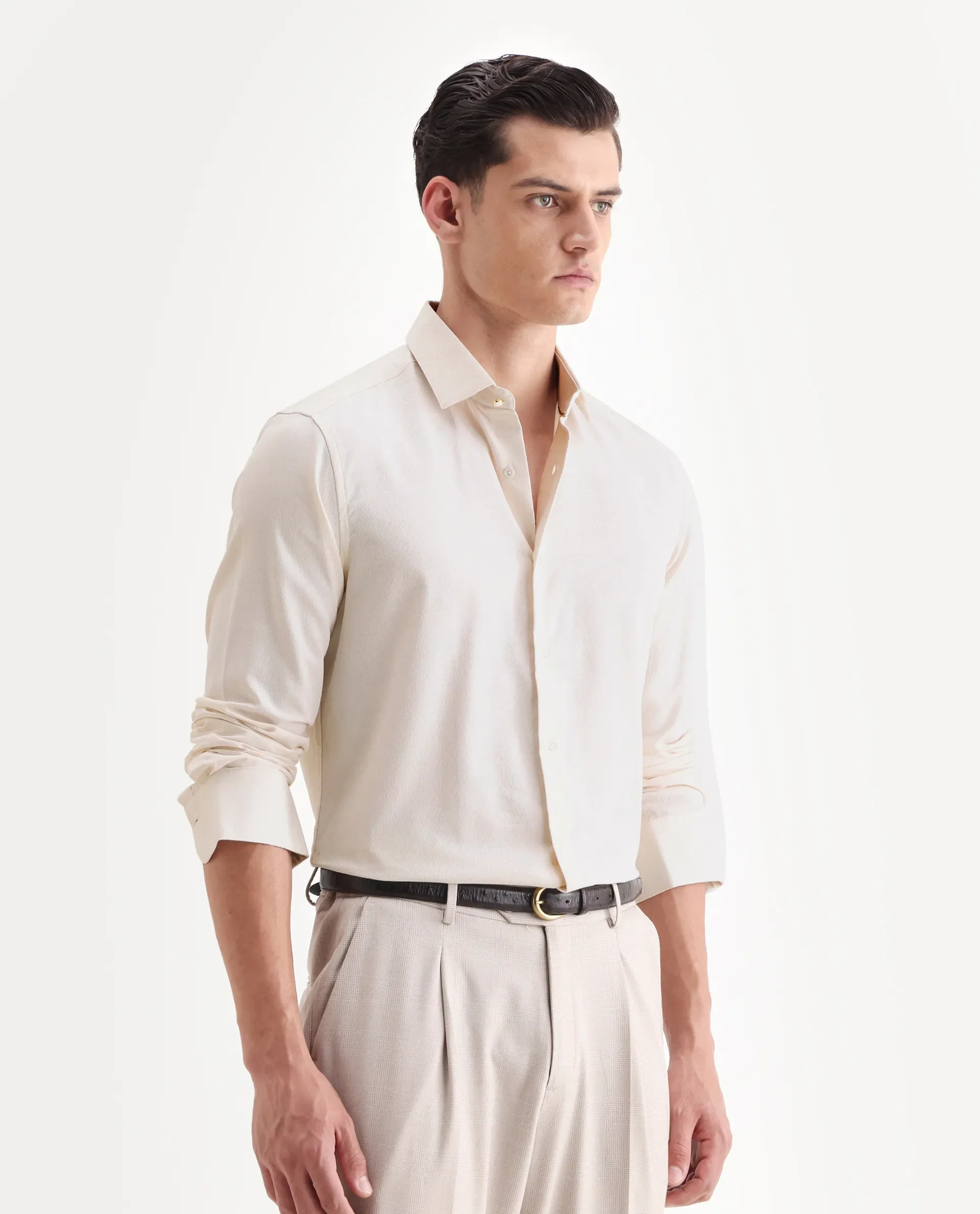 Rare Rabbit Men's Veloc Off White Cotton Plain Regular Fit Full Sleeve Collared Shirt - Image 6