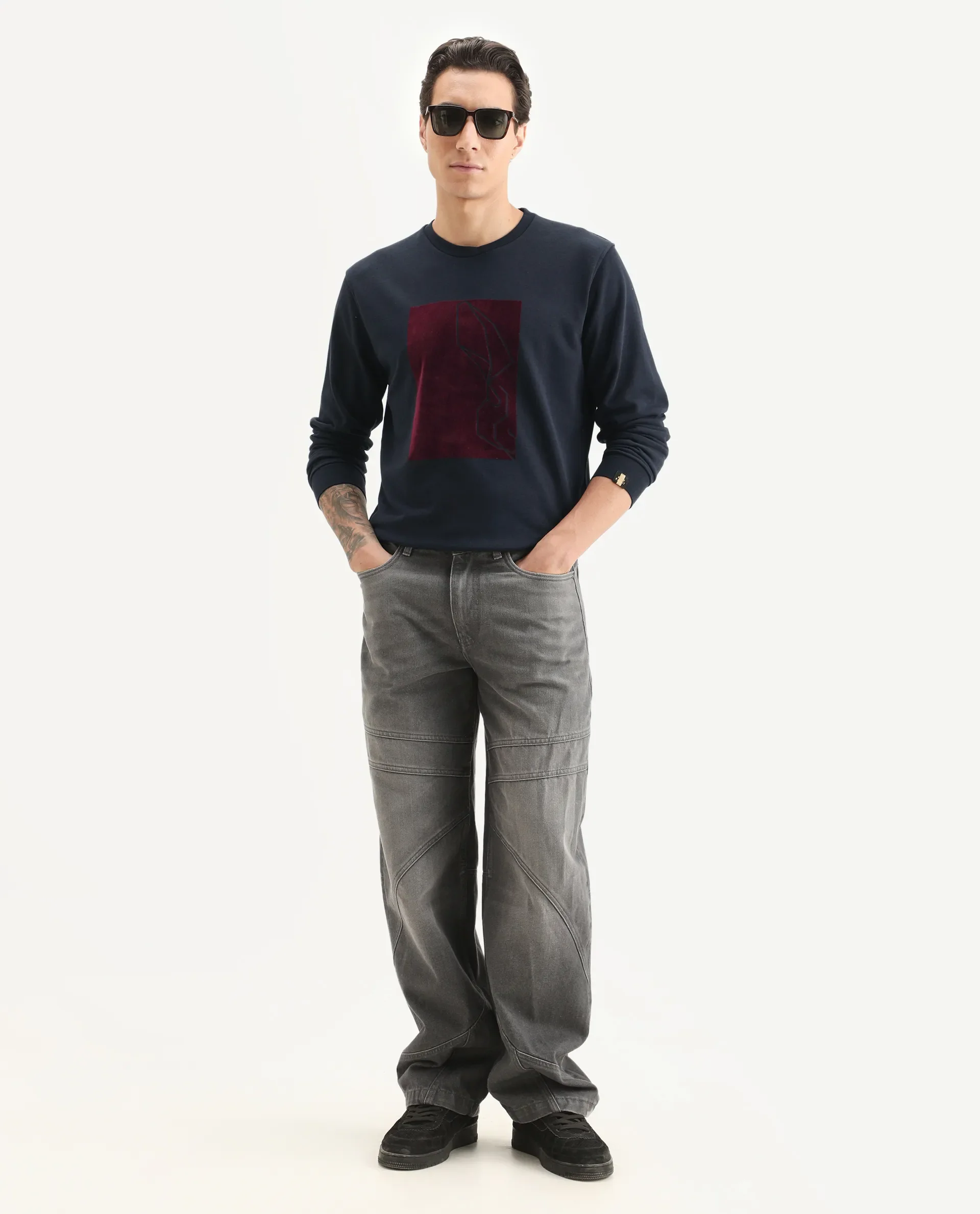 Rare Rabbit Men's Velot Navy Velvet Graphic Print Regular Fit Full Sleeve Crew Neck Sweatshirt - Image 2