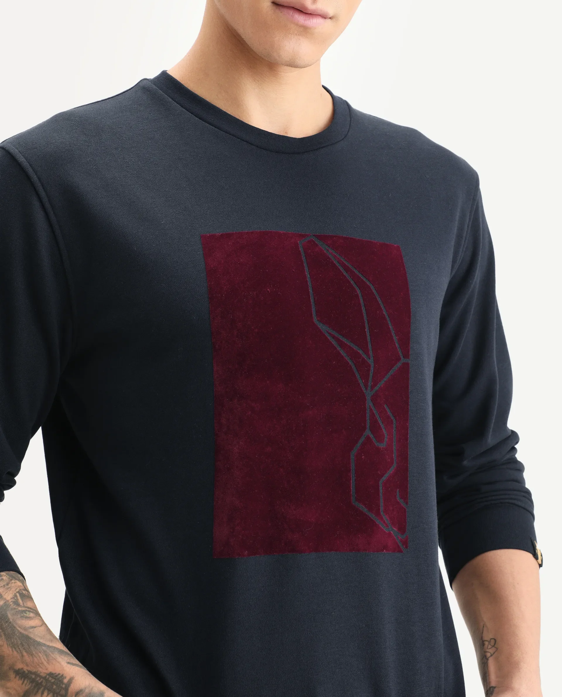 Rare Rabbit Men's Velot Navy Velvet Graphic Print Regular Fit Full Sleeve Crew Neck Sweatshirt - Image 3