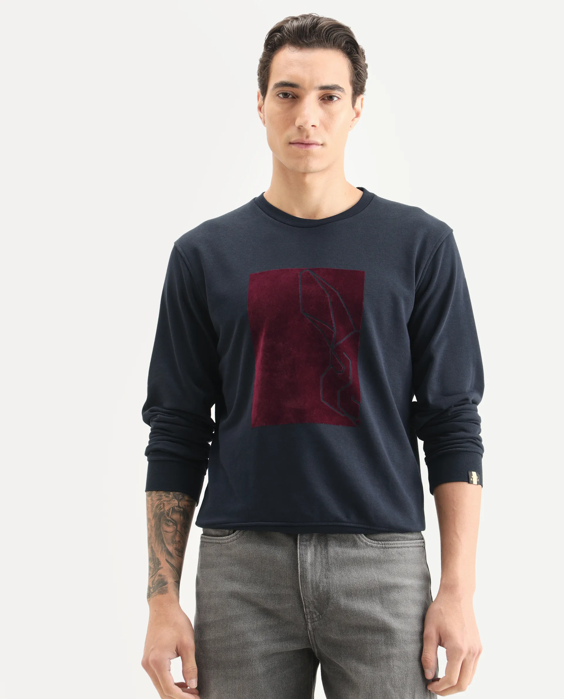 Rare Rabbit Men's Velot Navy Velvet Graphic Print Regular Fit Full Sleeve Crew Neck Sweatshirt - Image 4