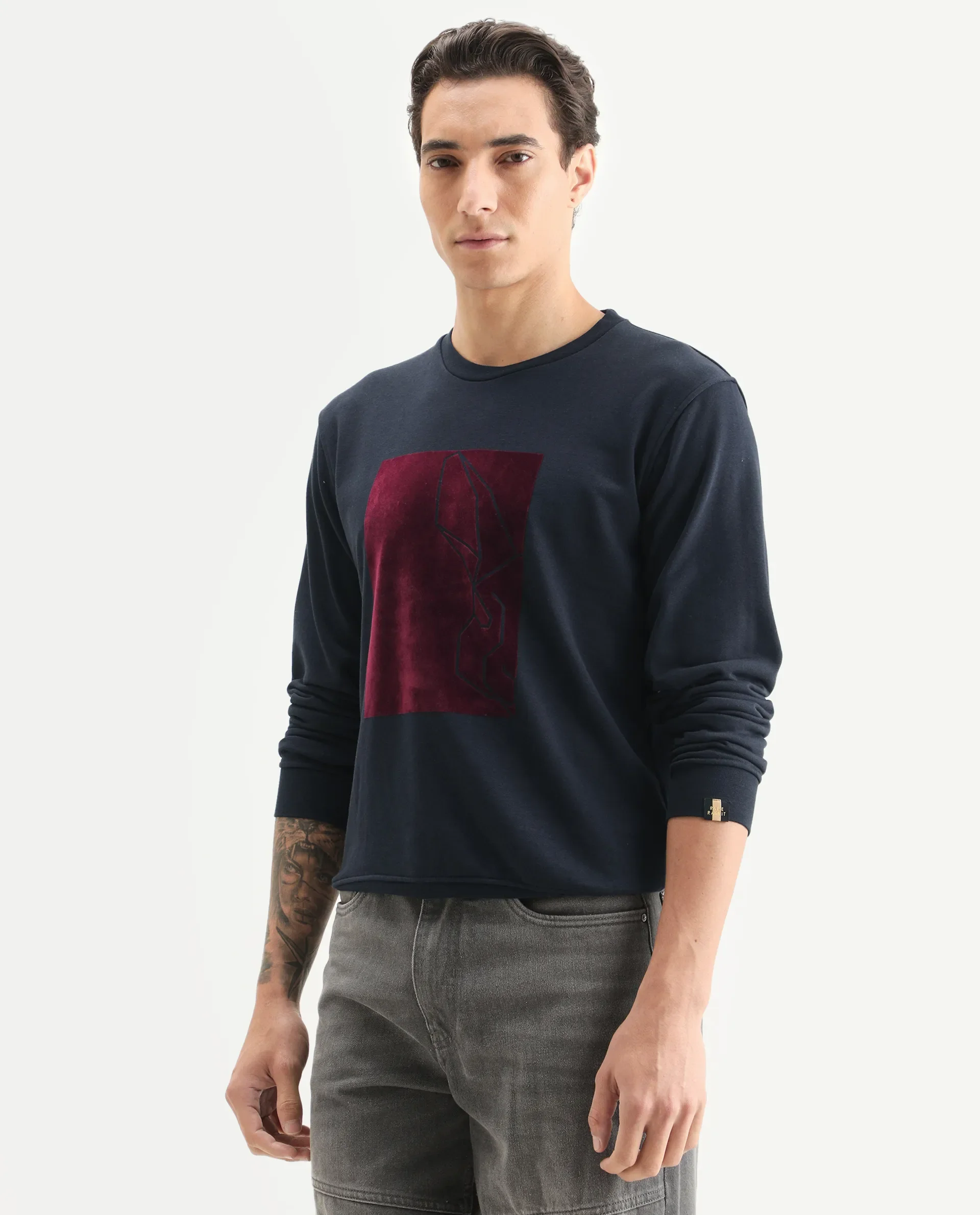 Rare Rabbit Men's Velot Navy Velvet Graphic Print Regular Fit Full Sleeve Crew Neck Sweatshirt - Image 5