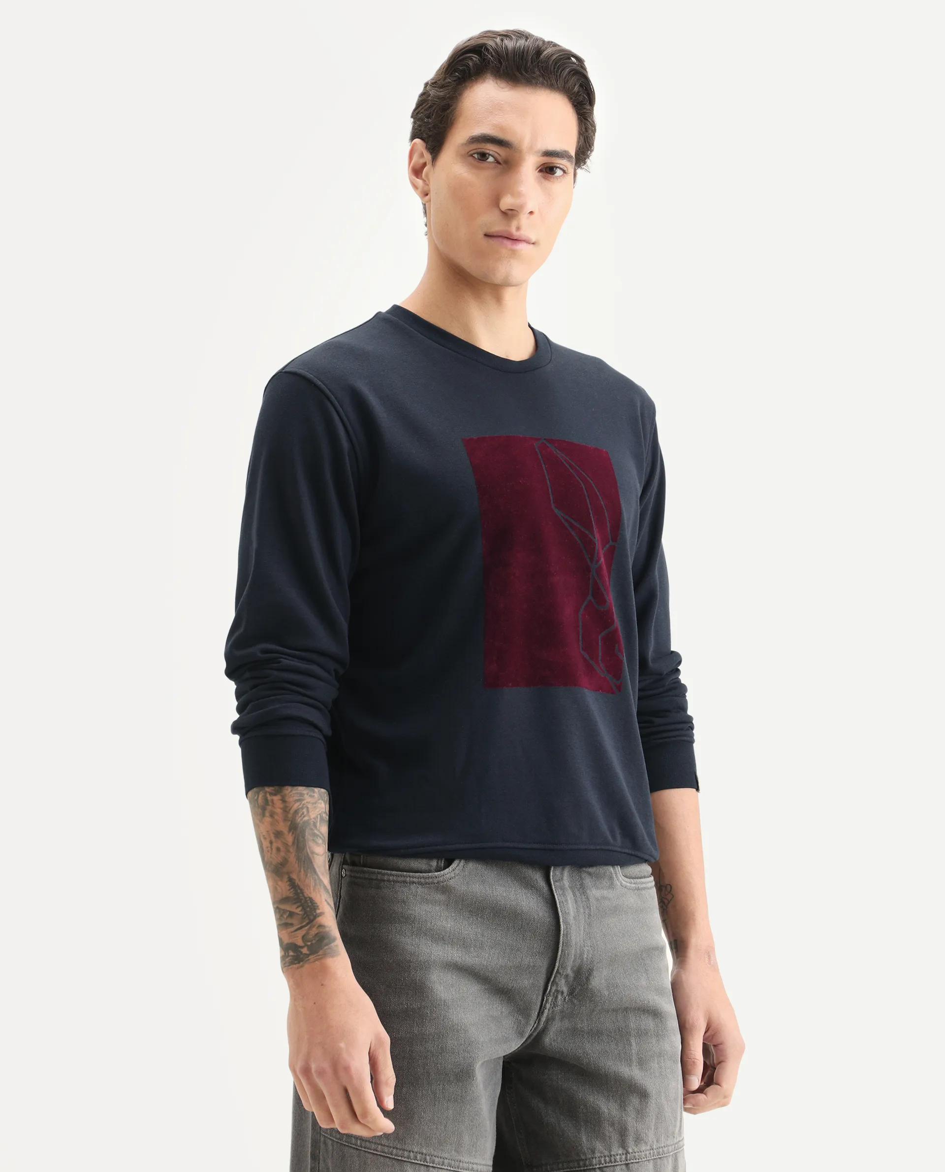 Rare Rabbit Men's Velot Navy Velvet Graphic Print Regular Fit Full Sleeve Crew Neck Sweatshirt - Image 6