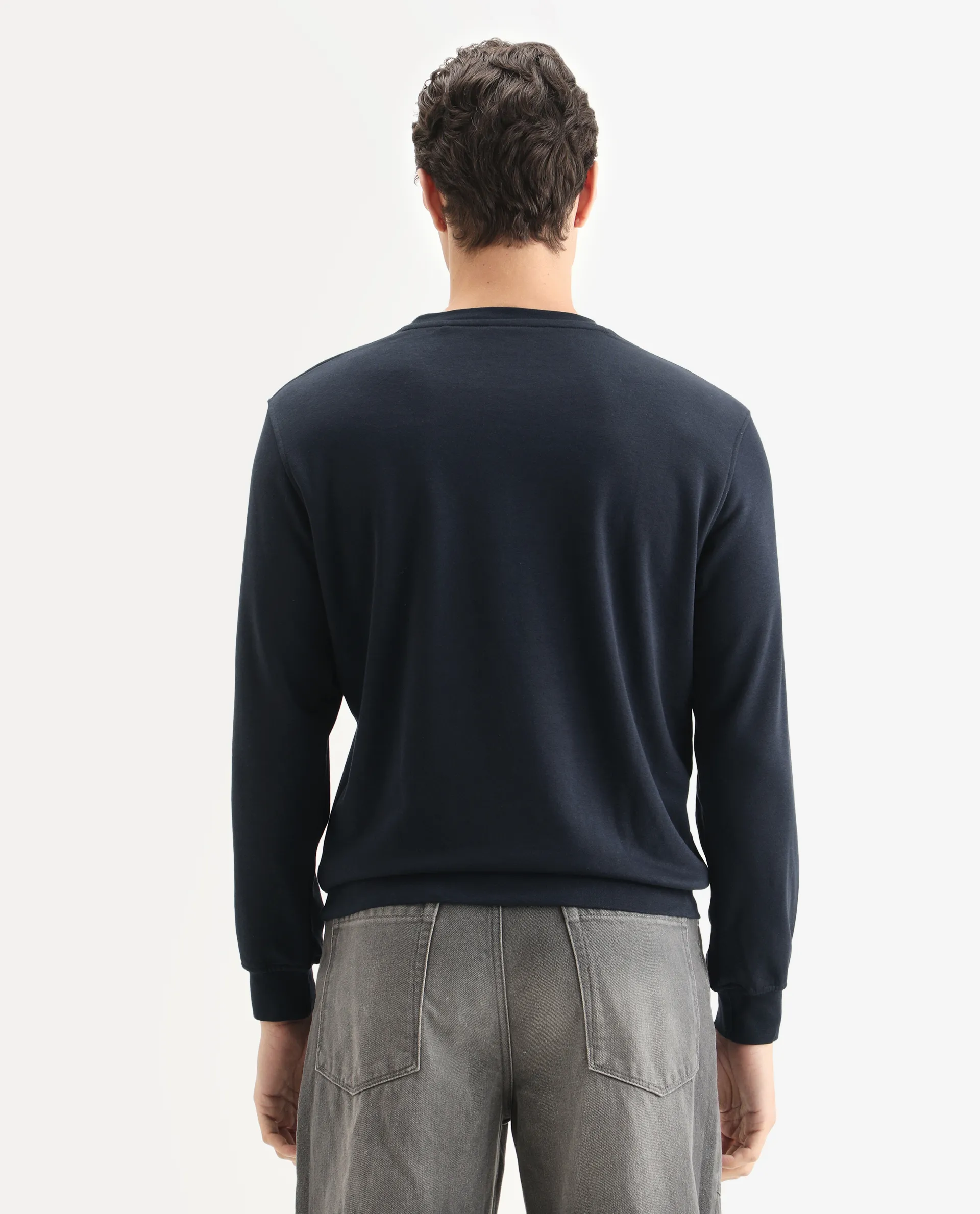 Rare Rabbit Men's Velot Navy Velvet Graphic Print Regular Fit Full Sleeve Crew Neck Sweatshirt - Image 7
