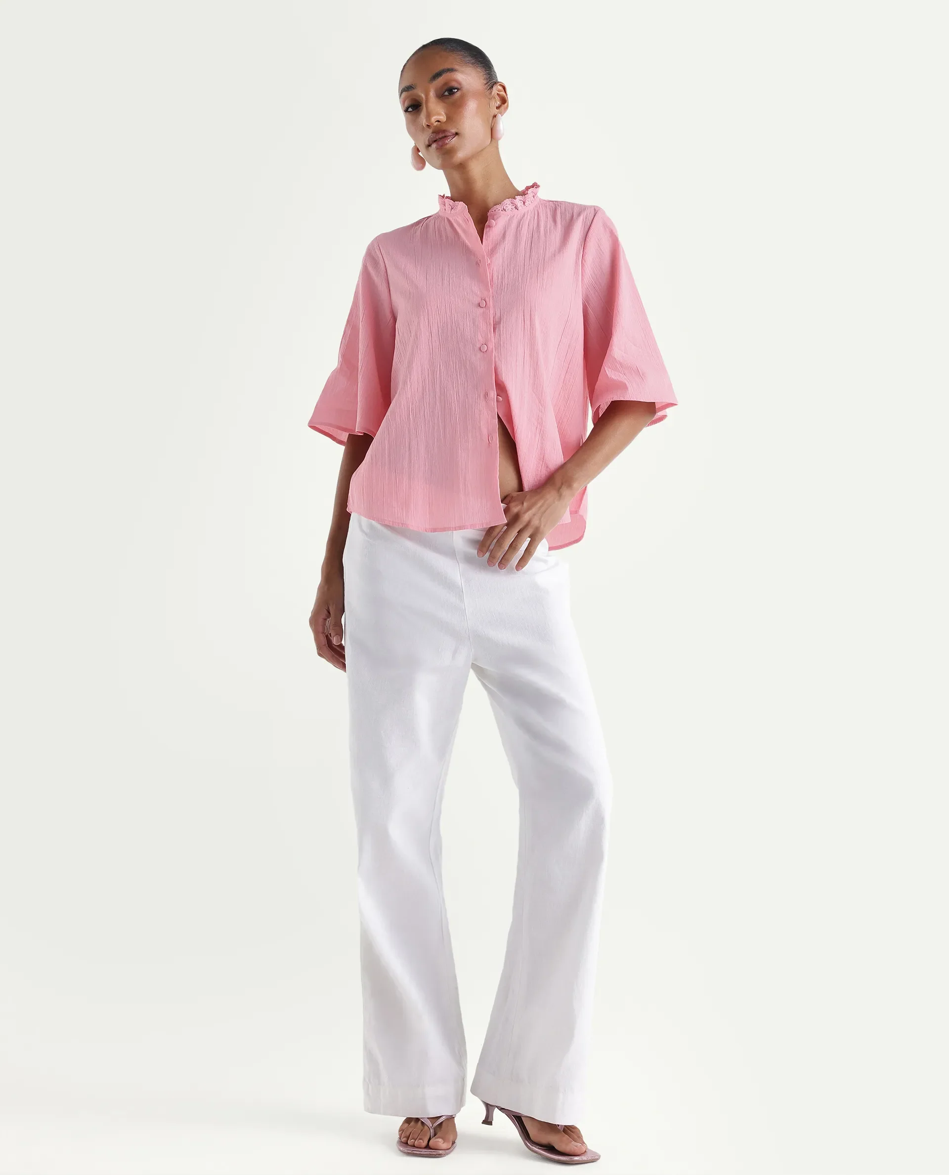 Rareism Women's Velpa Pink Cotton Ruffled Neck Relaxed Plain Top - Image 2