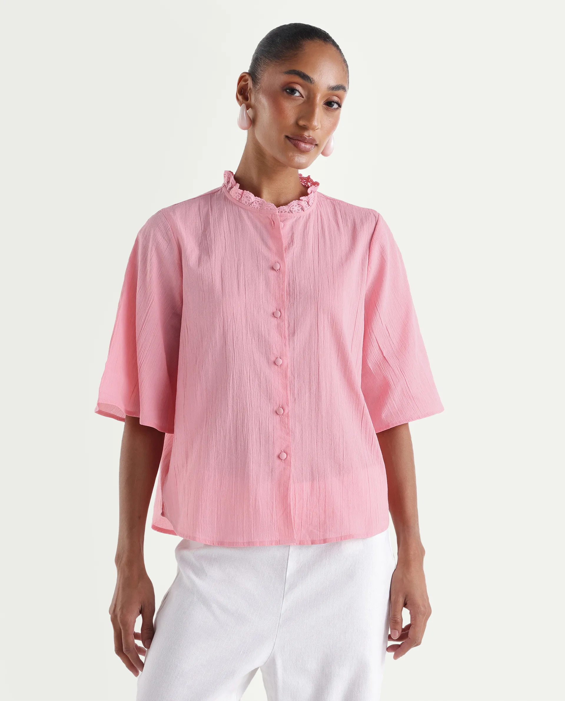 Rareism Women's Velpa Pink Cotton Ruffled Neck Relaxed Plain Top - Image 3