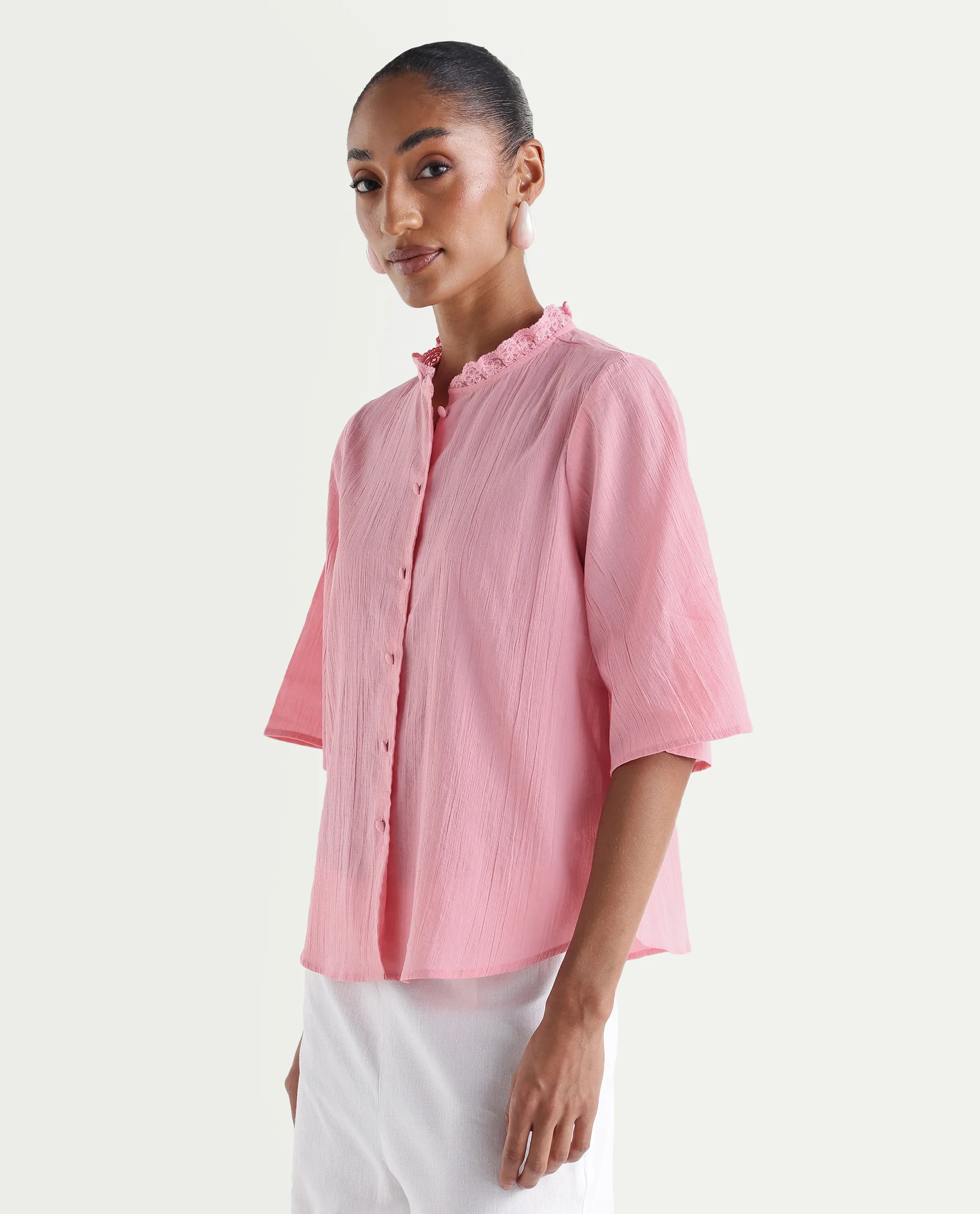 Rareism Women's Velpa Pink Cotton Ruffled Neck Relaxed Plain Top - Image 5