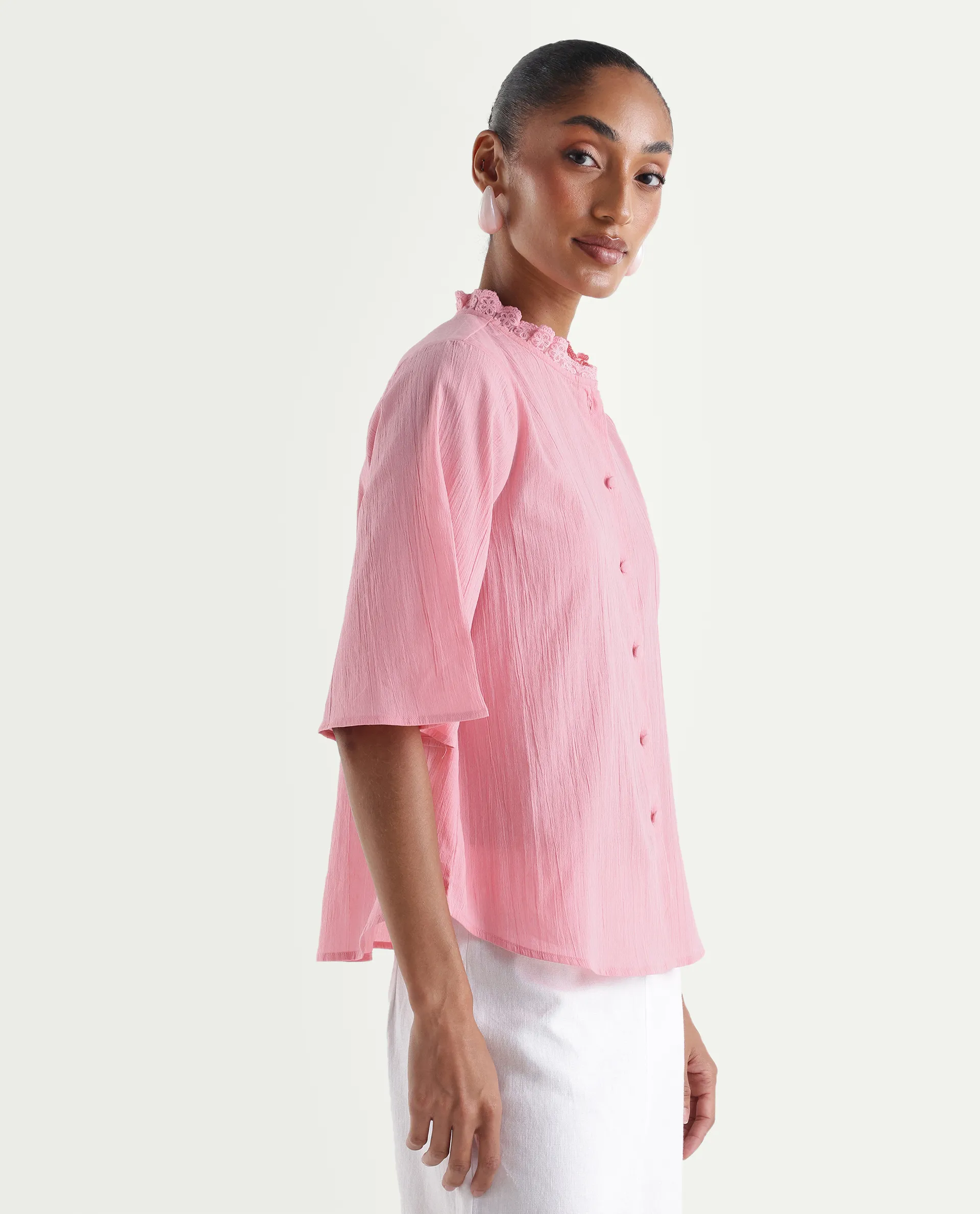 Rareism Women's Velpa Pink Cotton Ruffled Neck Relaxed Plain Top - Image 6