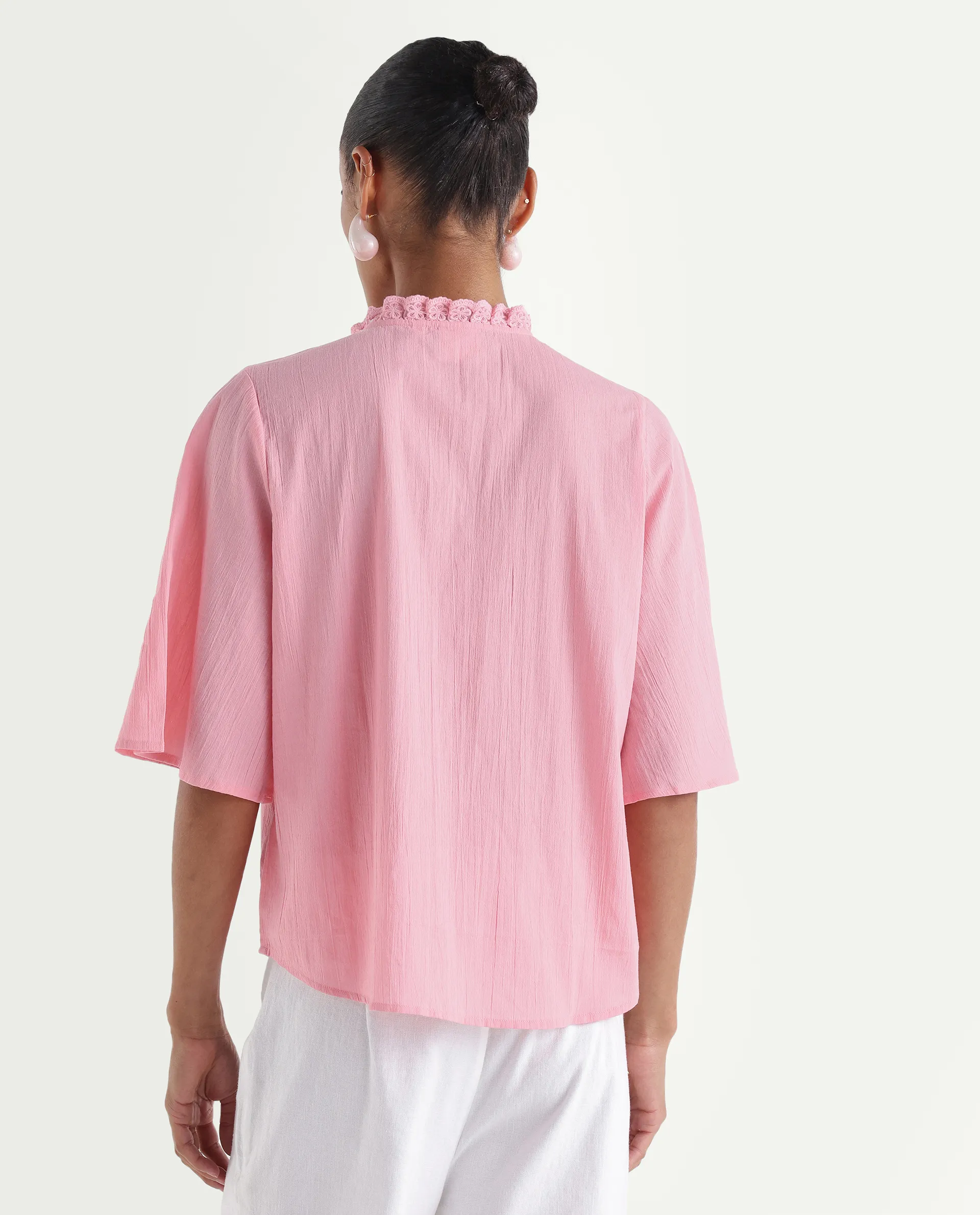 Rareism Women's Velpa Pink Cotton Ruffled Neck Relaxed Plain Top - Image 7