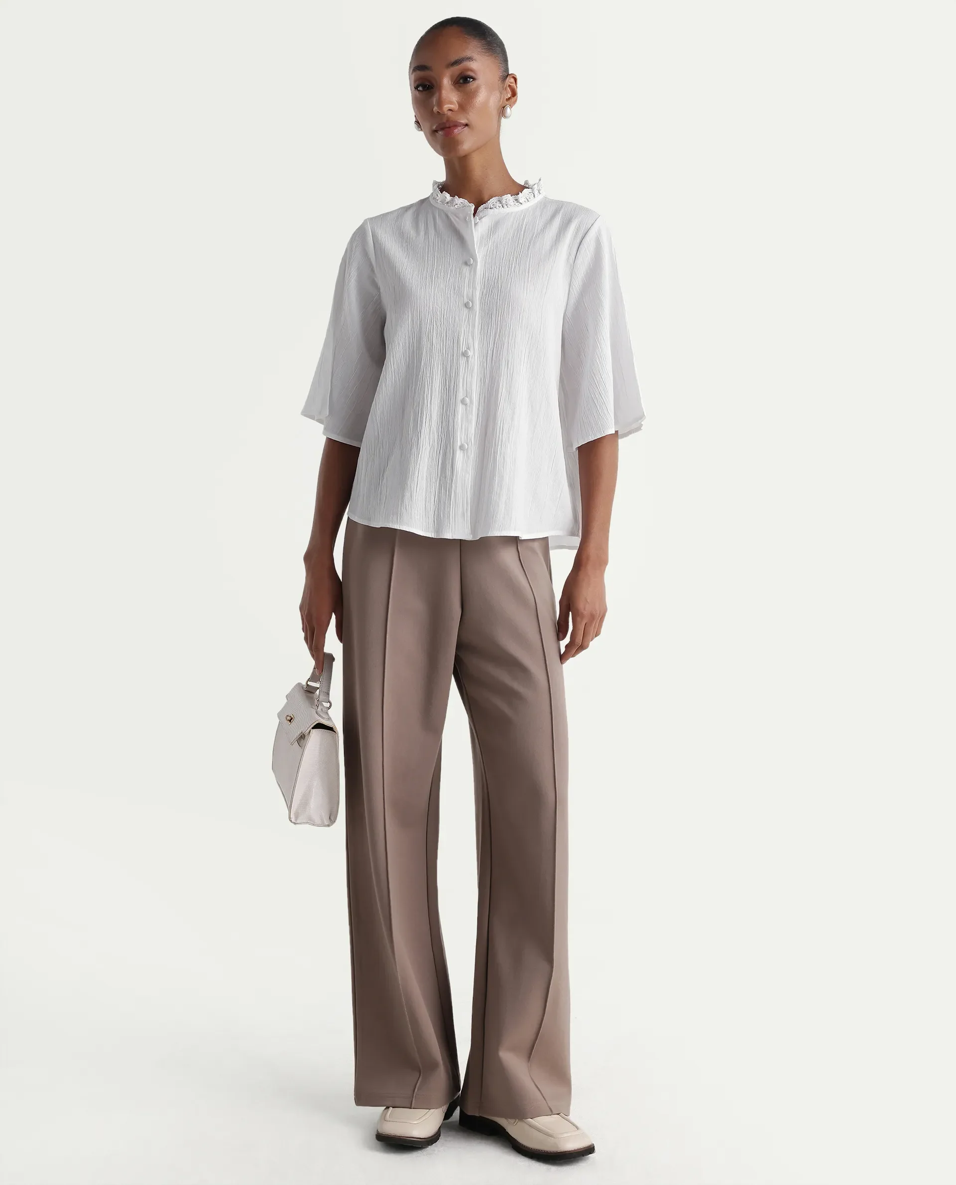 Rareism Women's Velpa White Cotton Ruffled Neck Relaxed Plain Top - Image 2