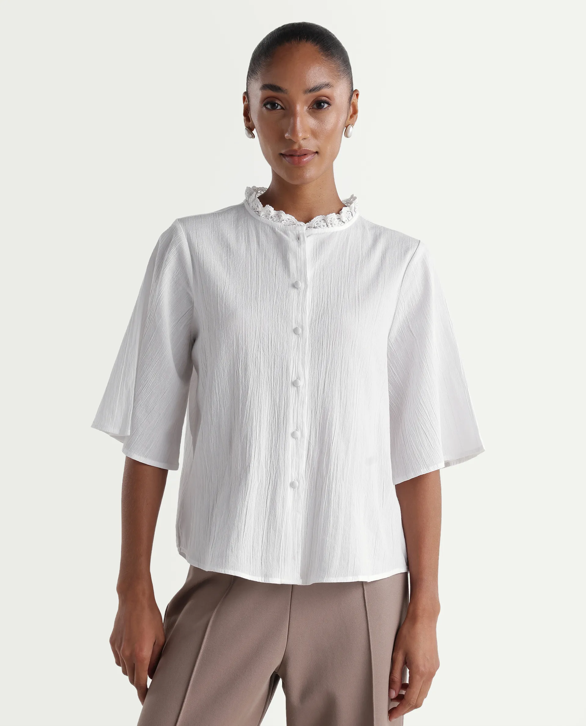 Rareism Women's Velpa White Cotton Ruffled Neck Relaxed Plain Top - Image 3