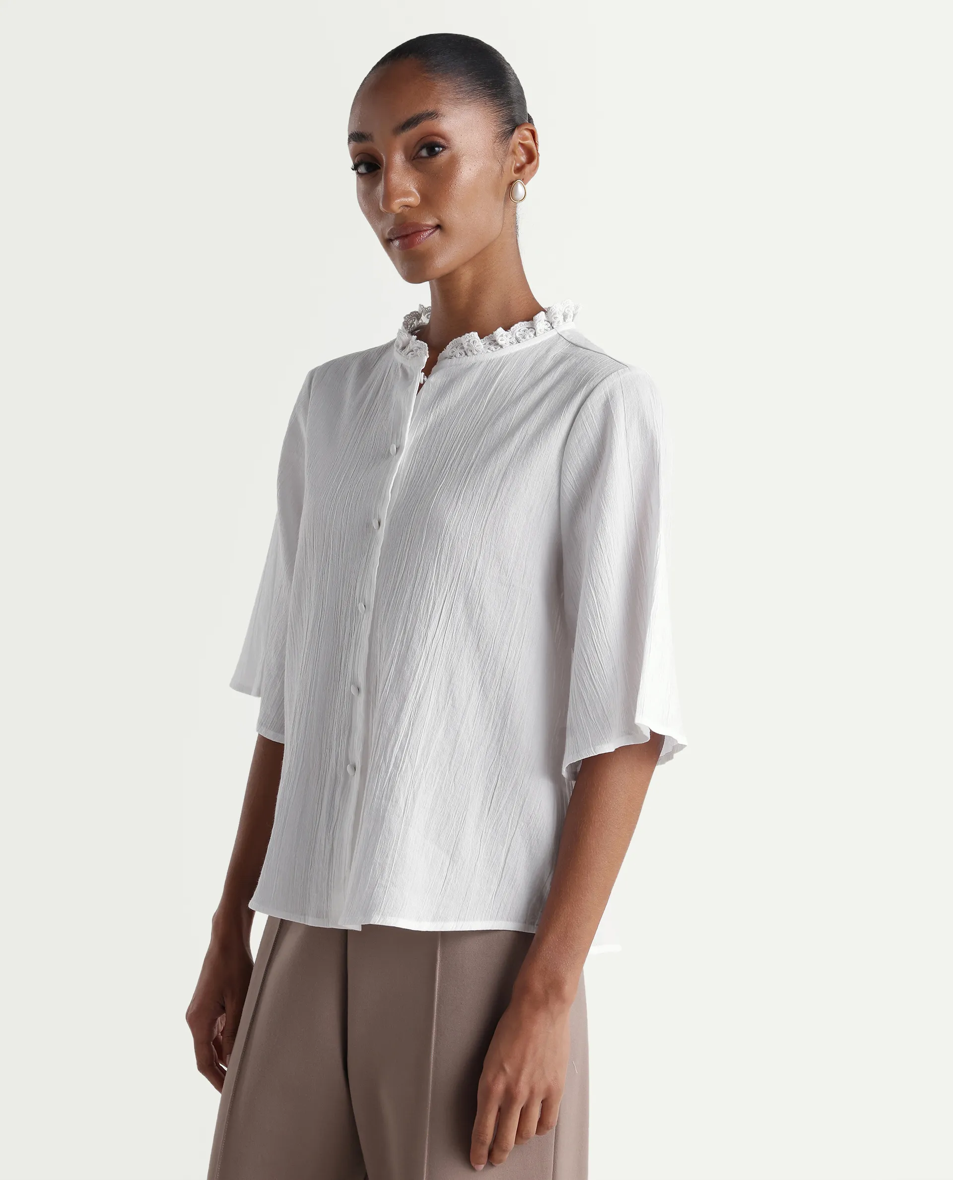 Rareism Women's Velpa White Cotton Ruffled Neck Relaxed Plain Top - Image 5