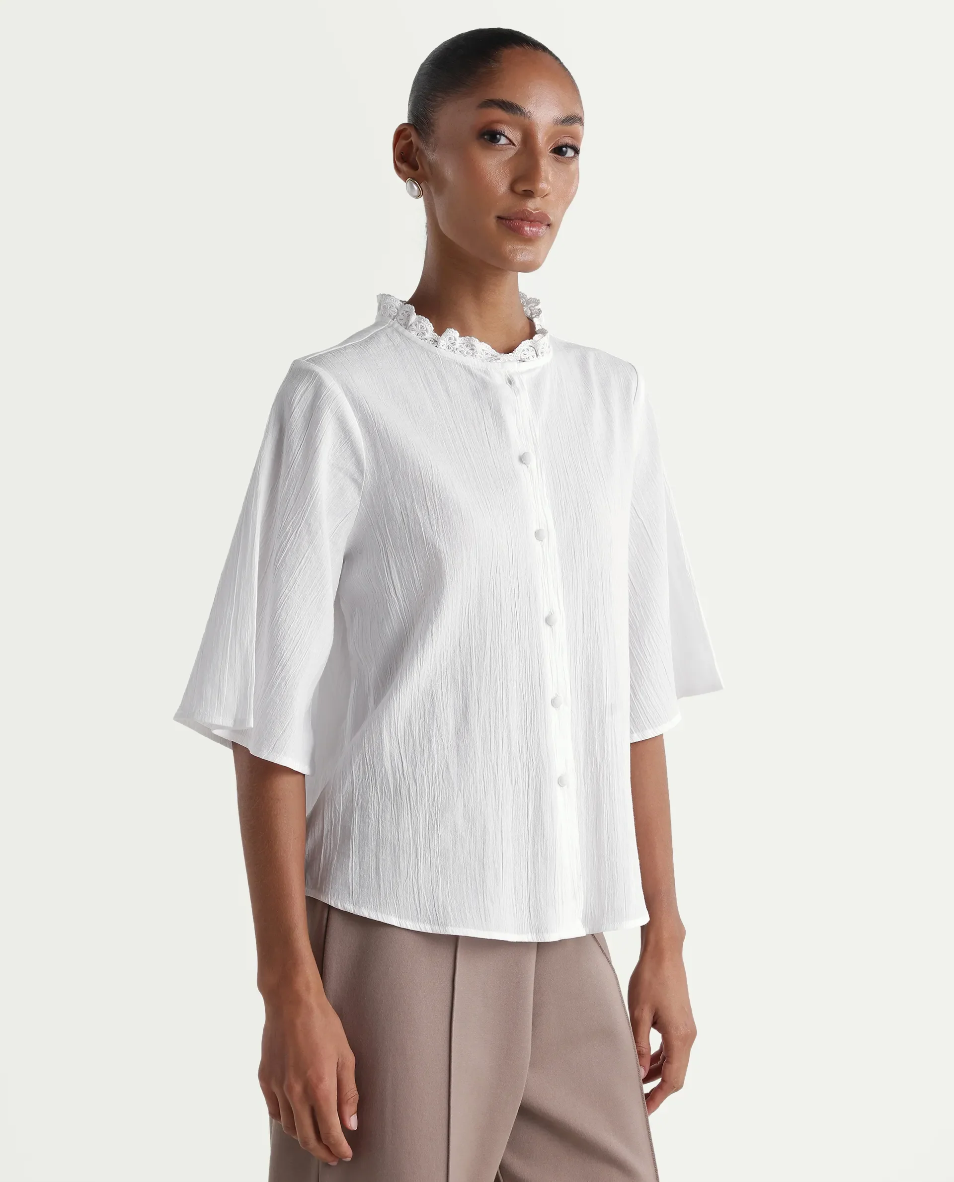 Rareism Women's Velpa White Cotton Ruffled Neck Relaxed Plain Top - Image 6