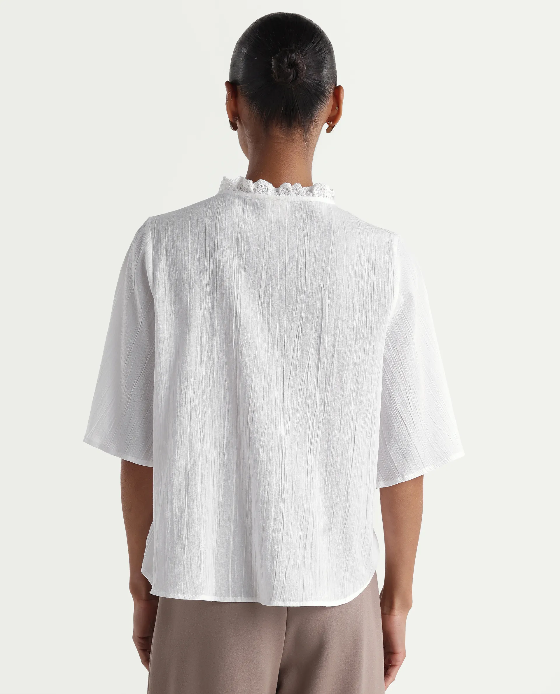 Rareism Women's Velpa White Cotton Ruffled Neck Relaxed Plain Top - Image 7