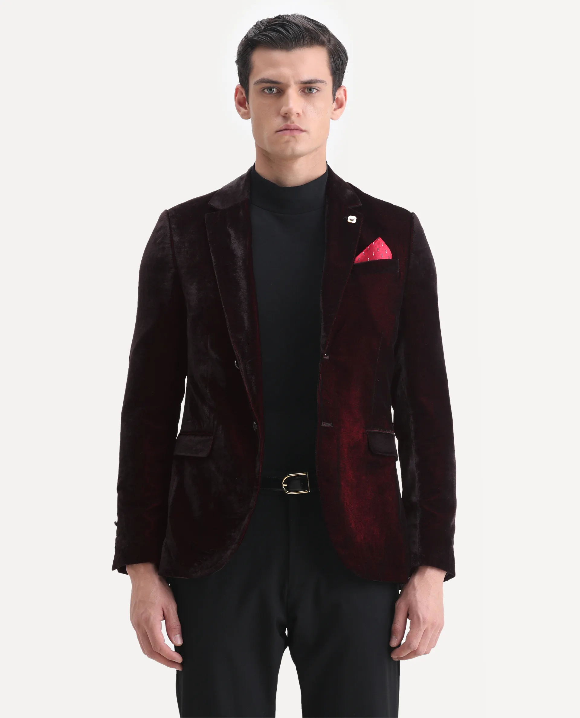 Rare Rabbit Men's Velter Dark Maroon Velvet Plain Tailored Fit Full Sleeve Lapel Neck Blazer