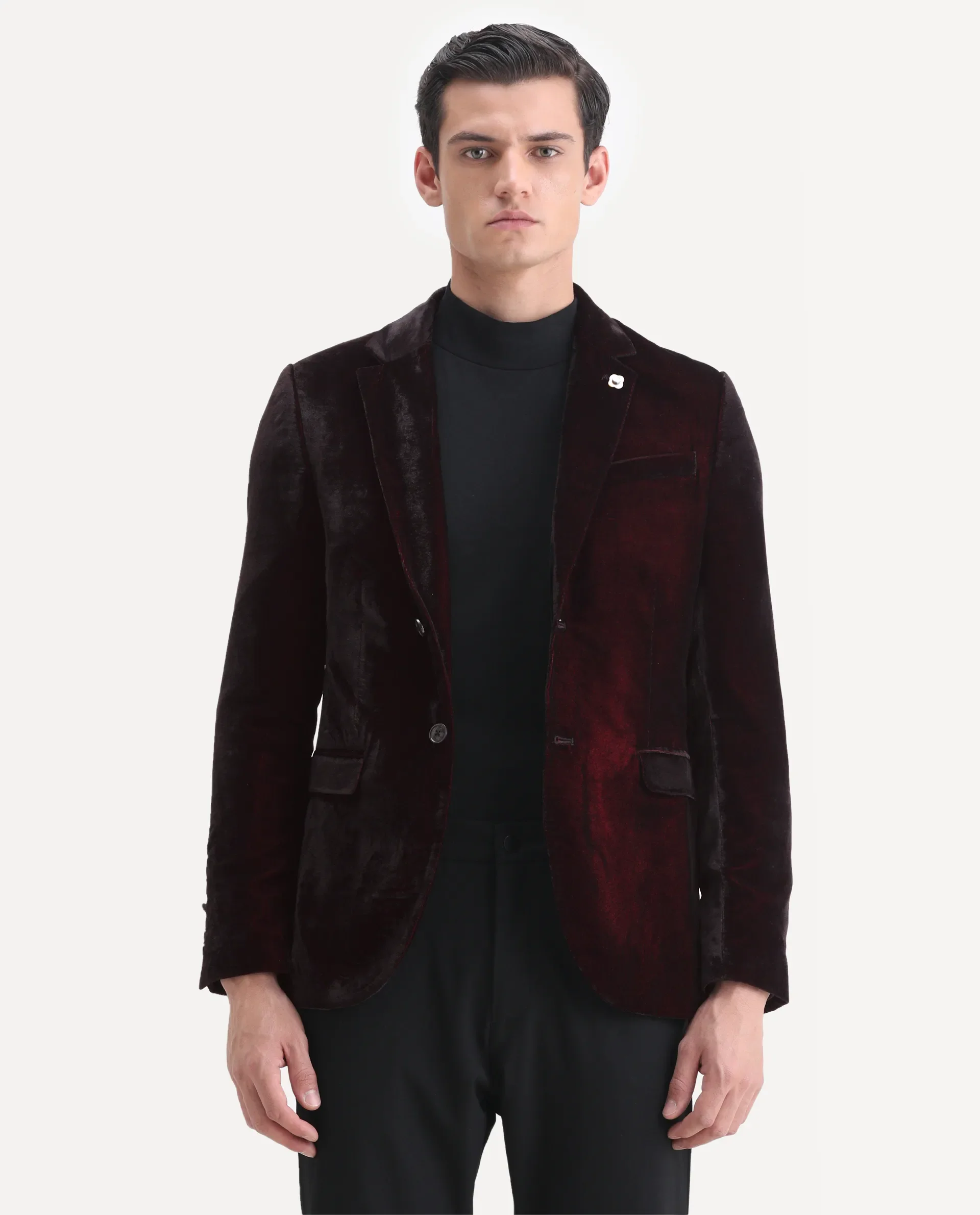 Rare Rabbit Men's Velter Dark Maroon Velvet Plain Tailored Fit Full Sleeve Lapel Neck Blazer - Image 7