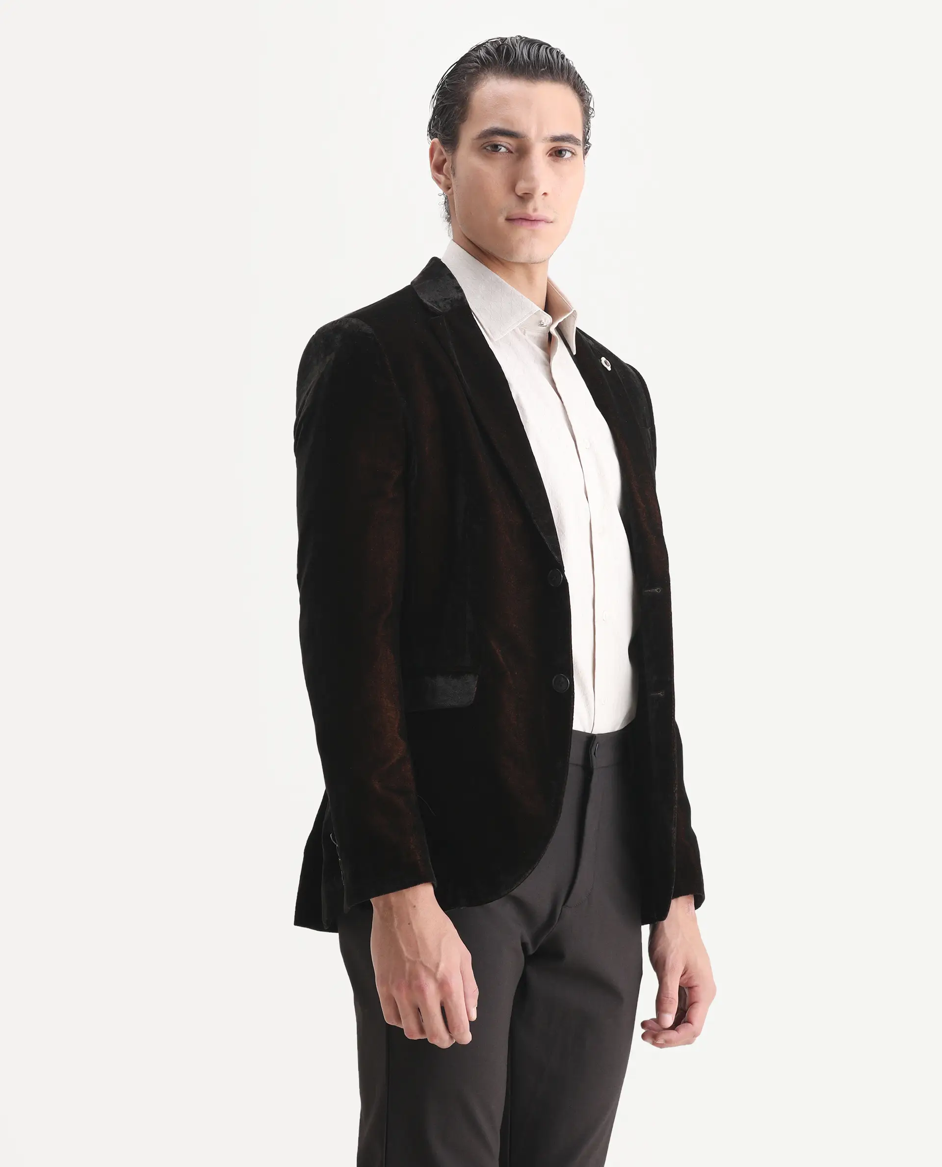 Rare Rabbit Men's Velter Dark Mustard Velvet Plain Tailored Fit Full Sleeve Lapel Neck Blazer - Image 12