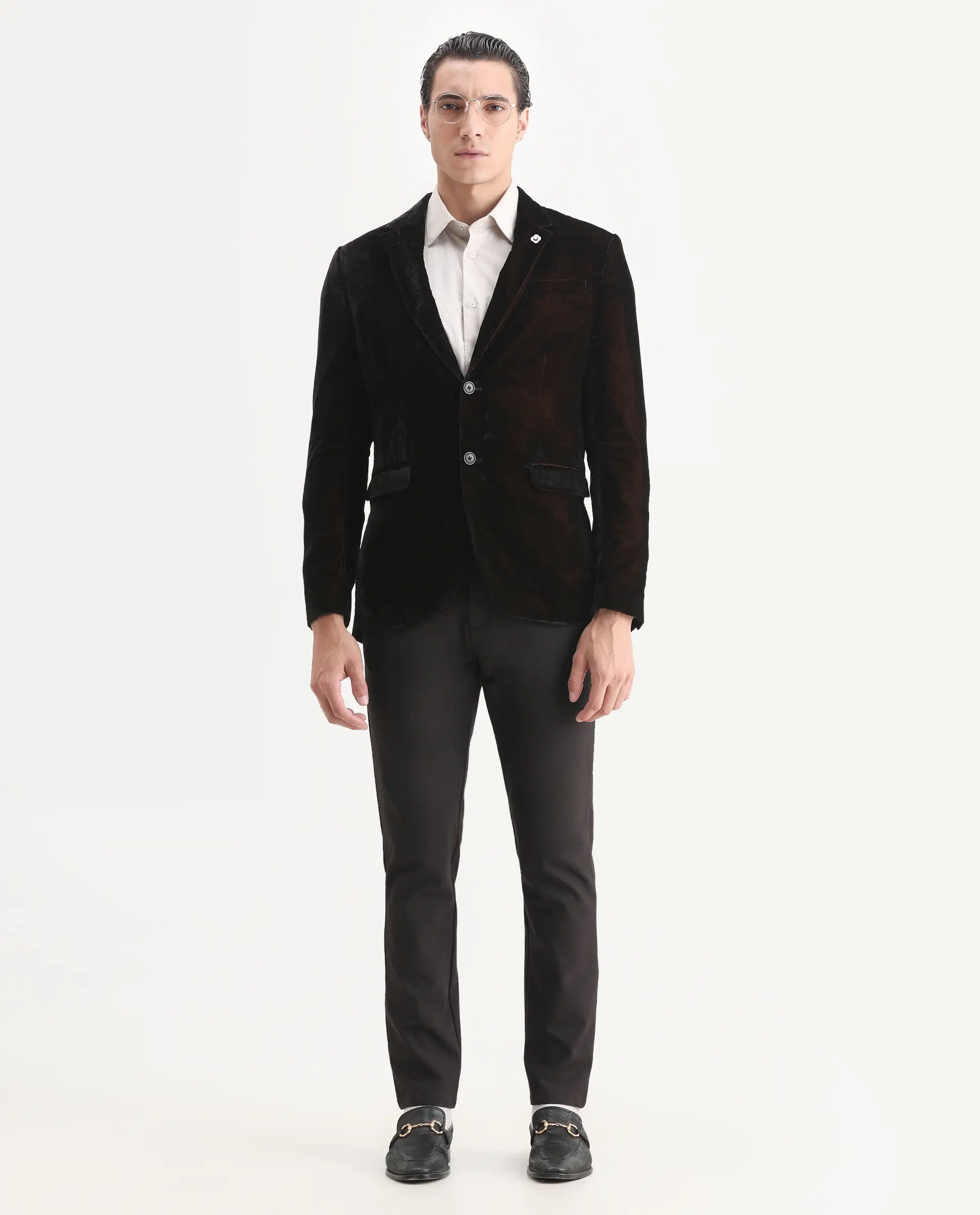 Rare Rabbit Men's Velter Dark Mustard Velvet Plain Tailored Fit Full Sleeve Lapel Neck Blazer - Image 5