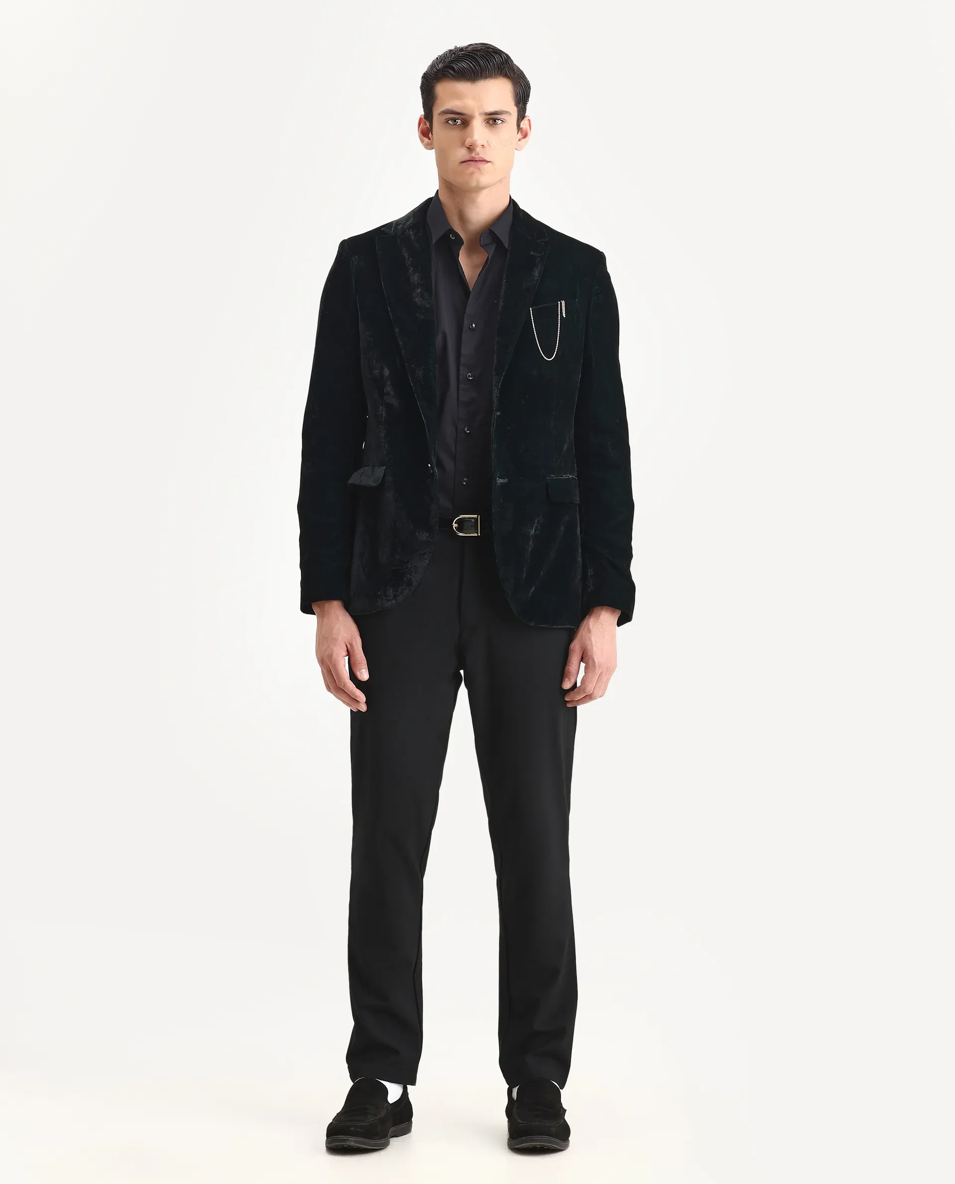 Rare Rabbit Men's Velter Dark Teal Velvet Plain Tailored Fit Full Sleeve Lapel Neck Blazer - Image 2