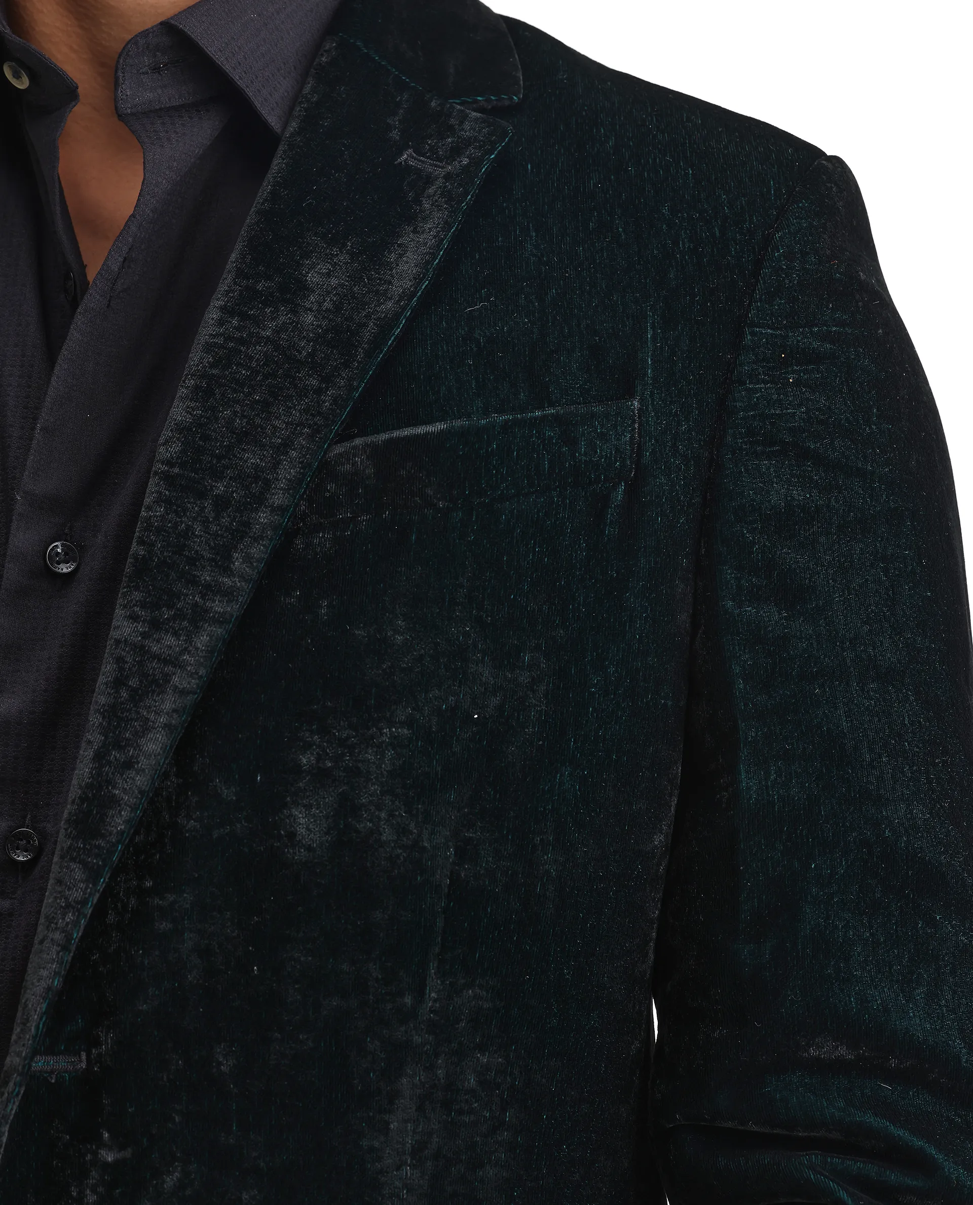 Rare Rabbit Men's Velter Dark Teal Velvet Plain Tailored Fit Full Sleeve Lapel Neck Blazer - Image 3