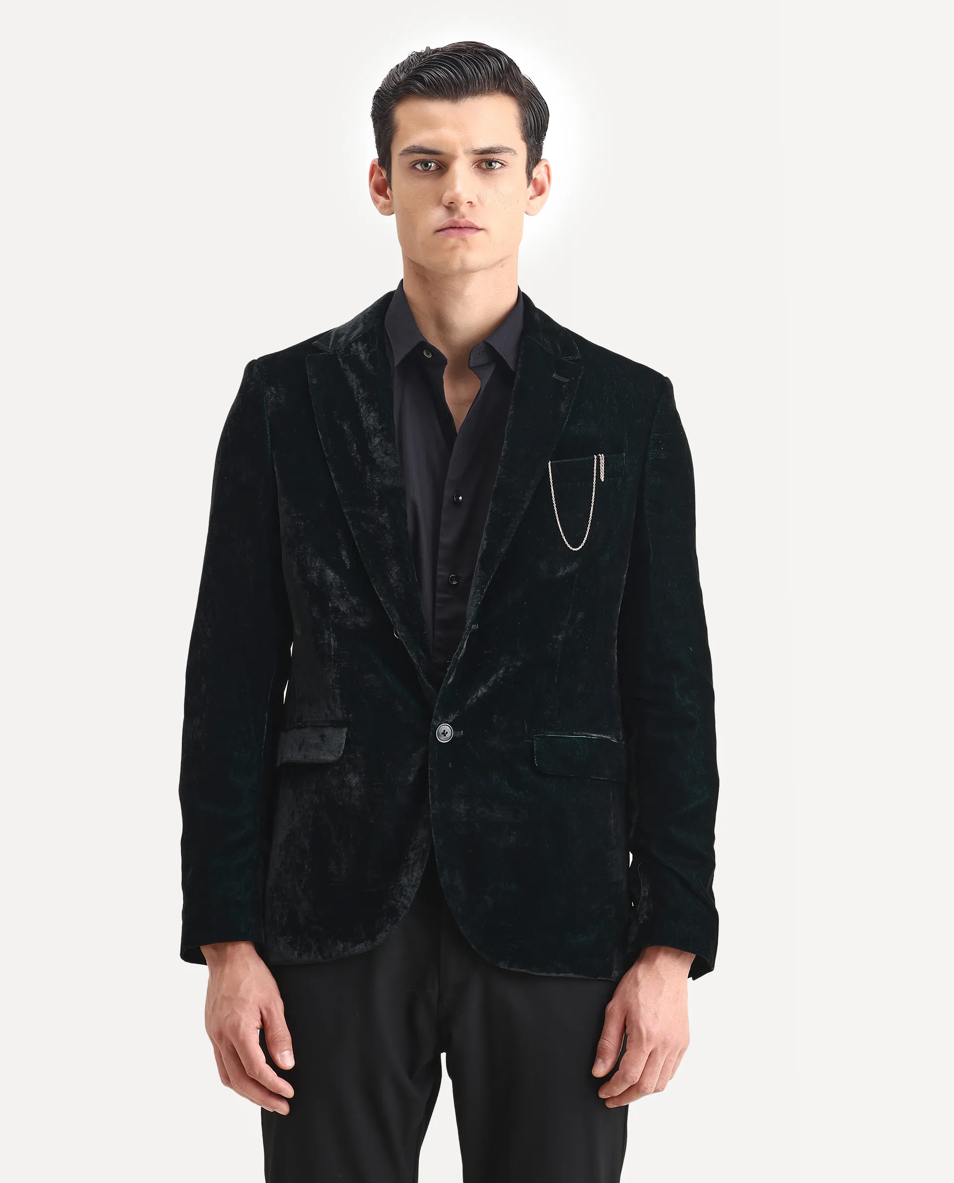 Rare Rabbit Men's Velter Dark Teal Velvet Plain Tailored Fit Full Sleeve Lapel Neck Blazer - Image 6