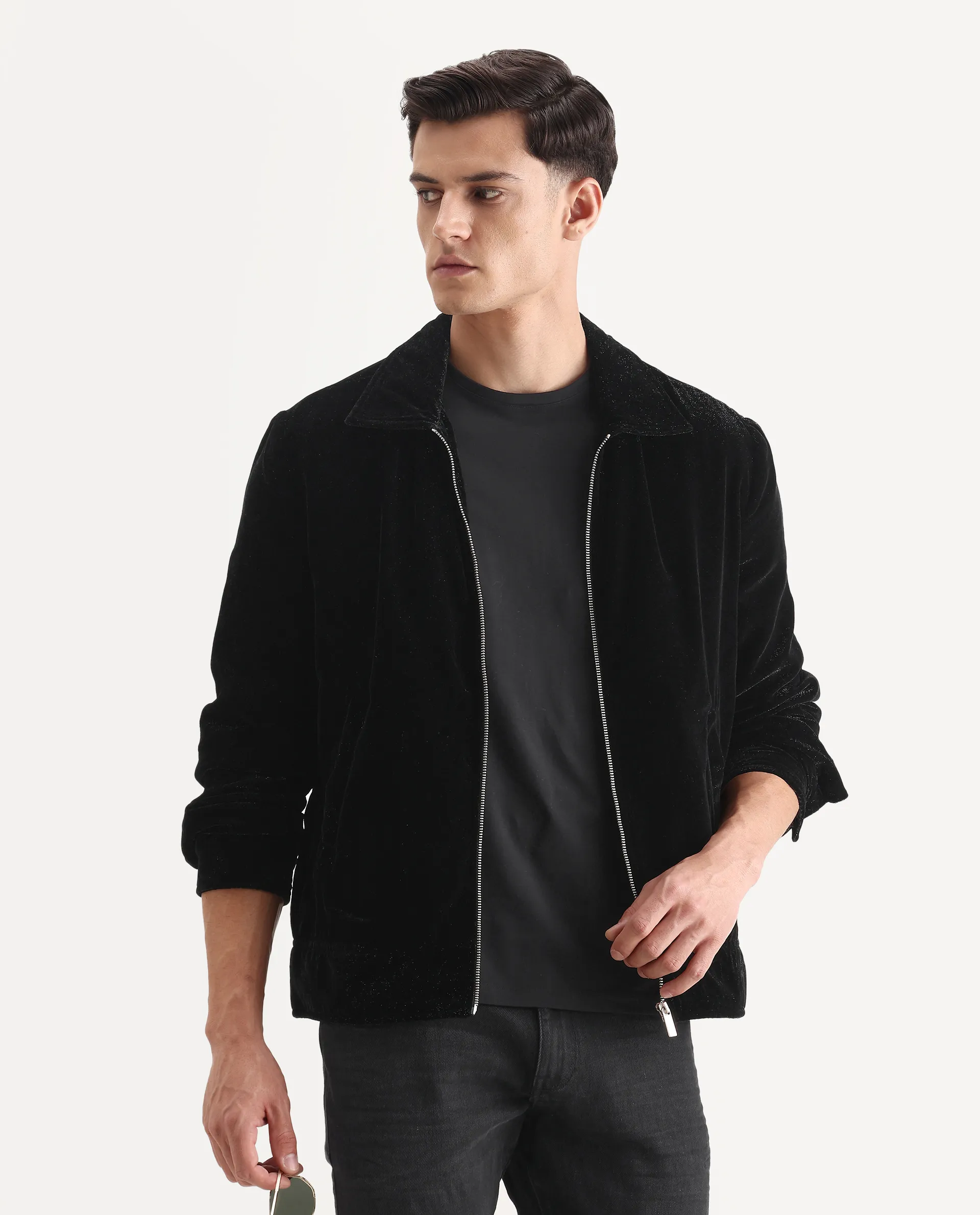 Rare Rabbit Men's Velto Black Polyester Fabric Collared Neck Regular Fit Plain Jacket