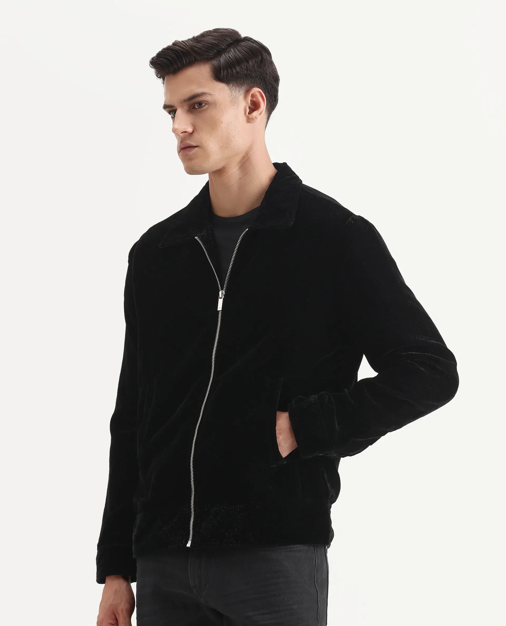 Rare Rabbit Men's Velto Black Polyester Fabric Collared Neck Regular Fit Plain Jacket - Image 5