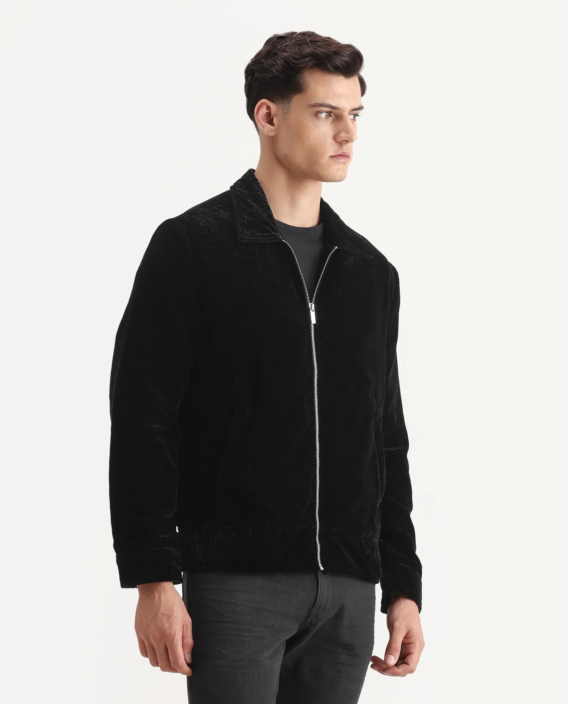 Rare Rabbit Men's Velto Black Polyester Fabric Collared Neck Regular Fit Plain Jacket - Image 6