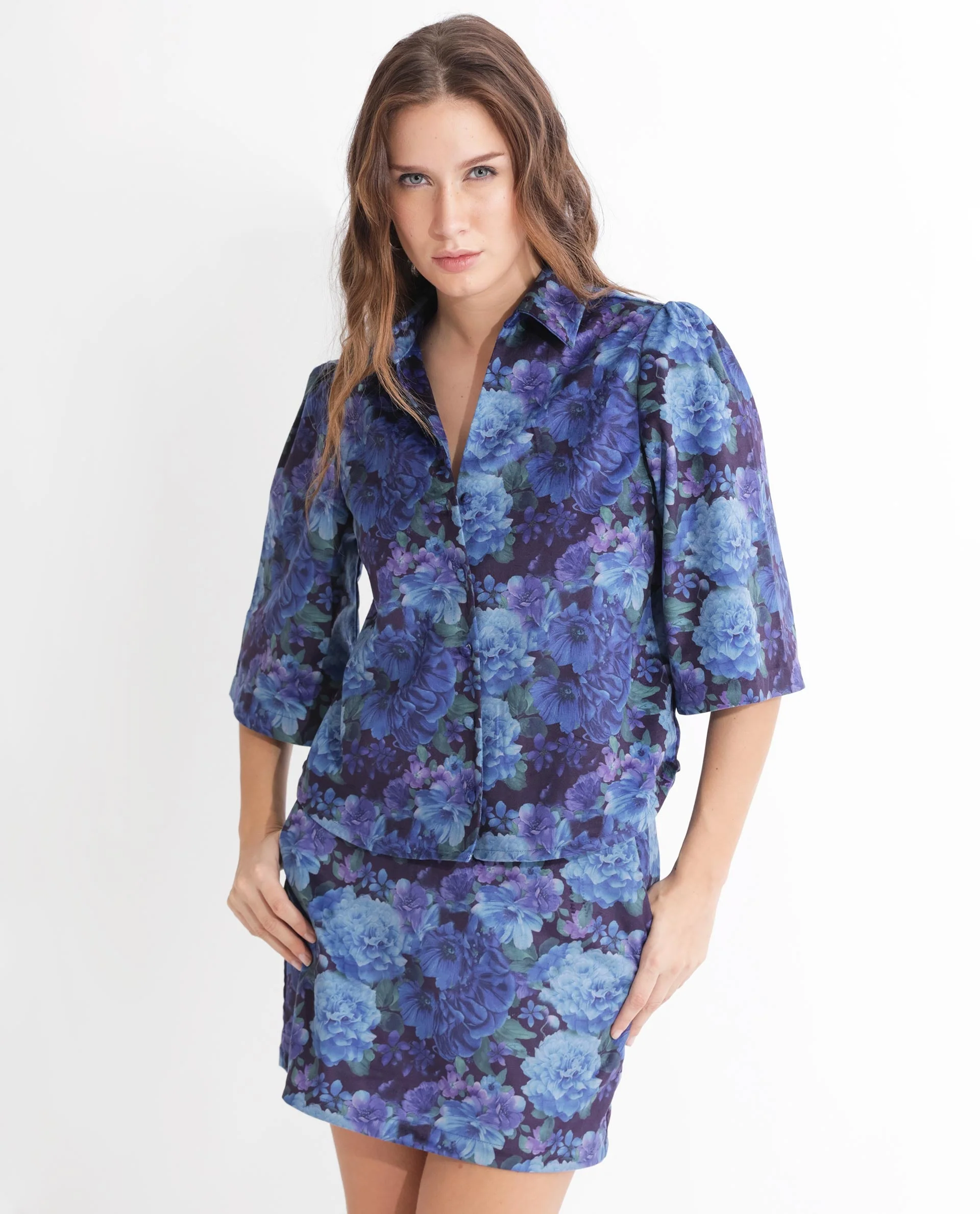 Rareism Women's Velto Black Velvet Spread Collar Floral Print Boxy Fit Top - Image 12