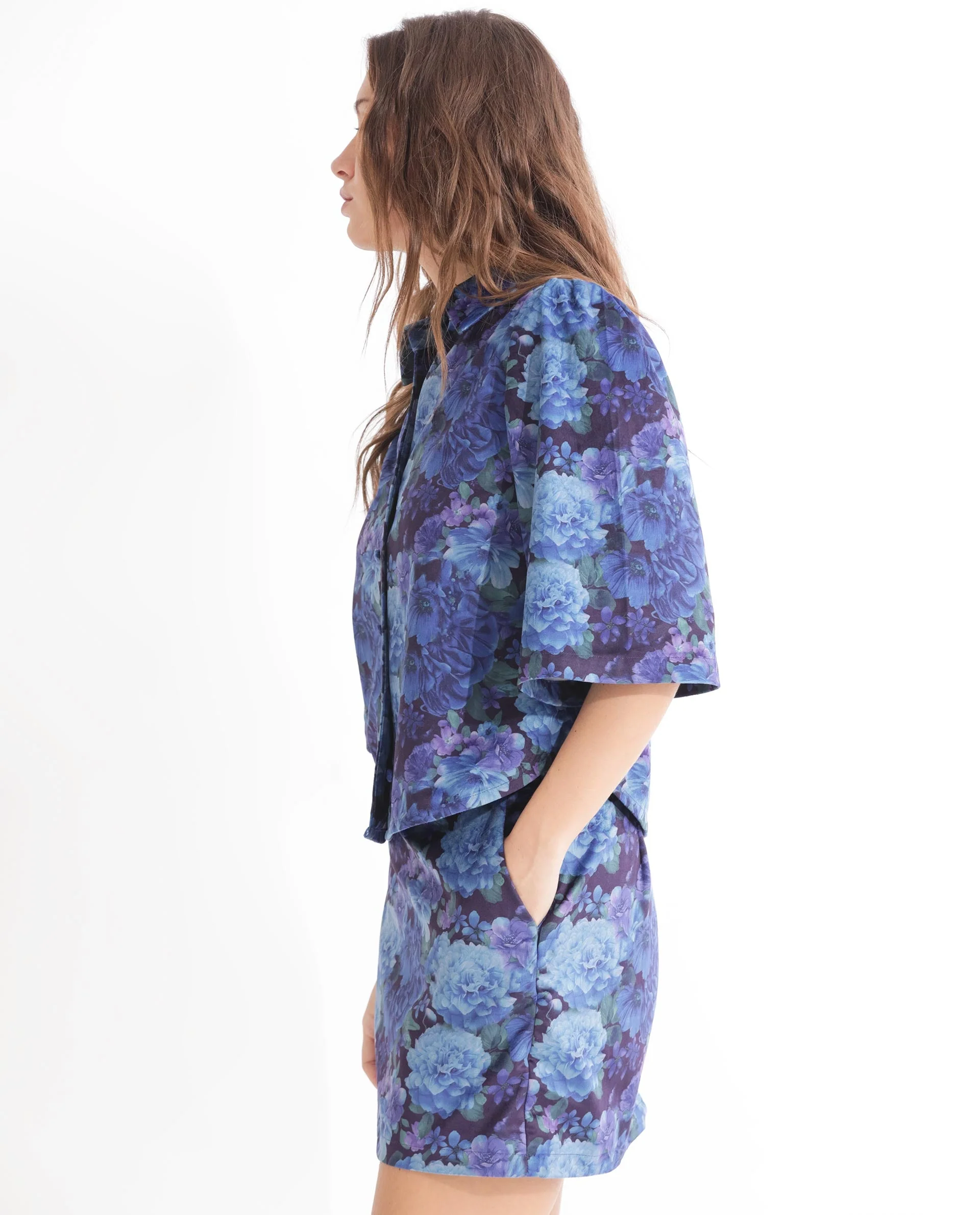 Rareism Women's Velto Black Velvet Spread Collar Floral Print Boxy Fit Top - Image 6