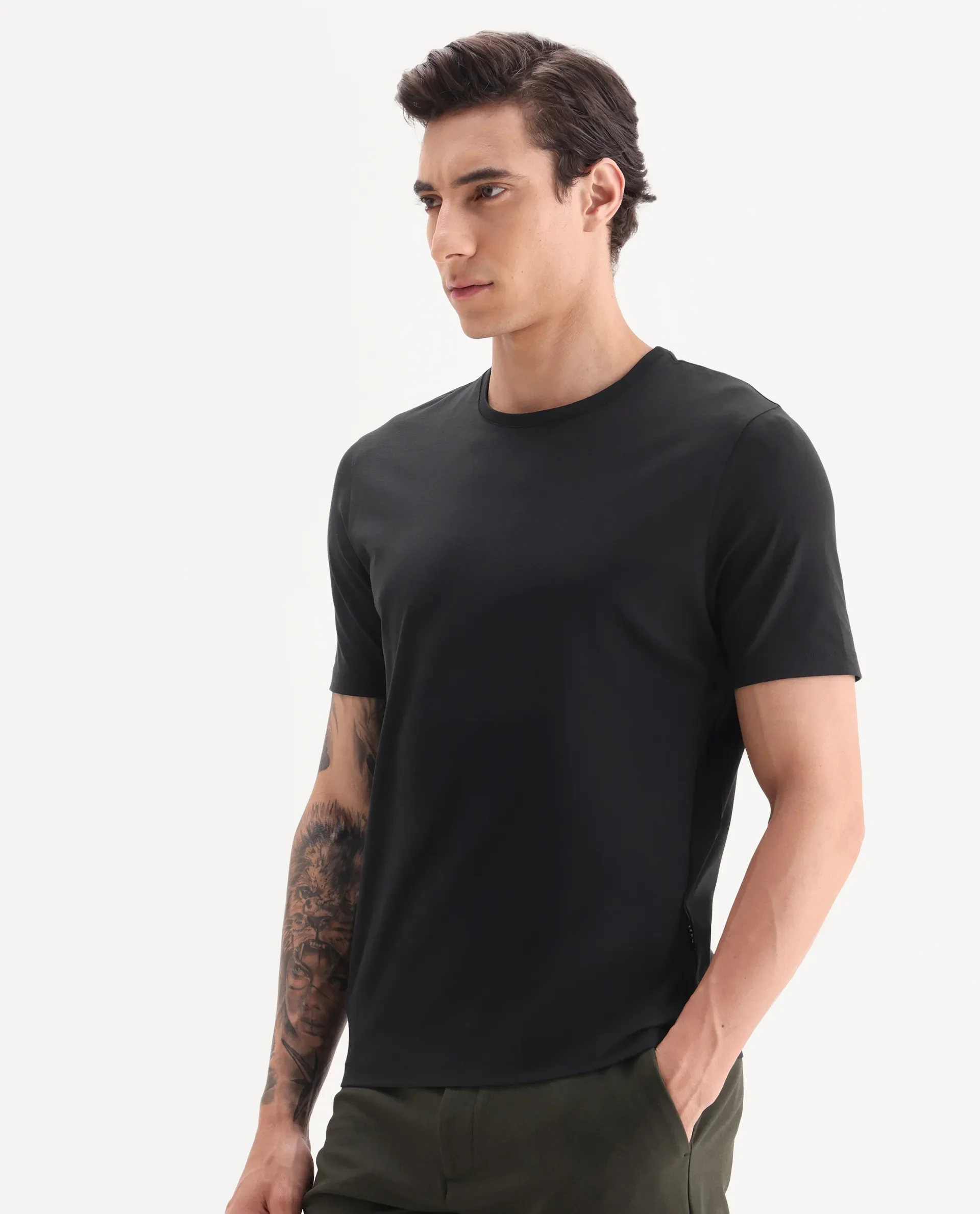 Rare Rabbit Men's Veltra Black Cotton Blend Plain Regular Fit Half Sleeve Crew Neck T-Shirt - Image 7