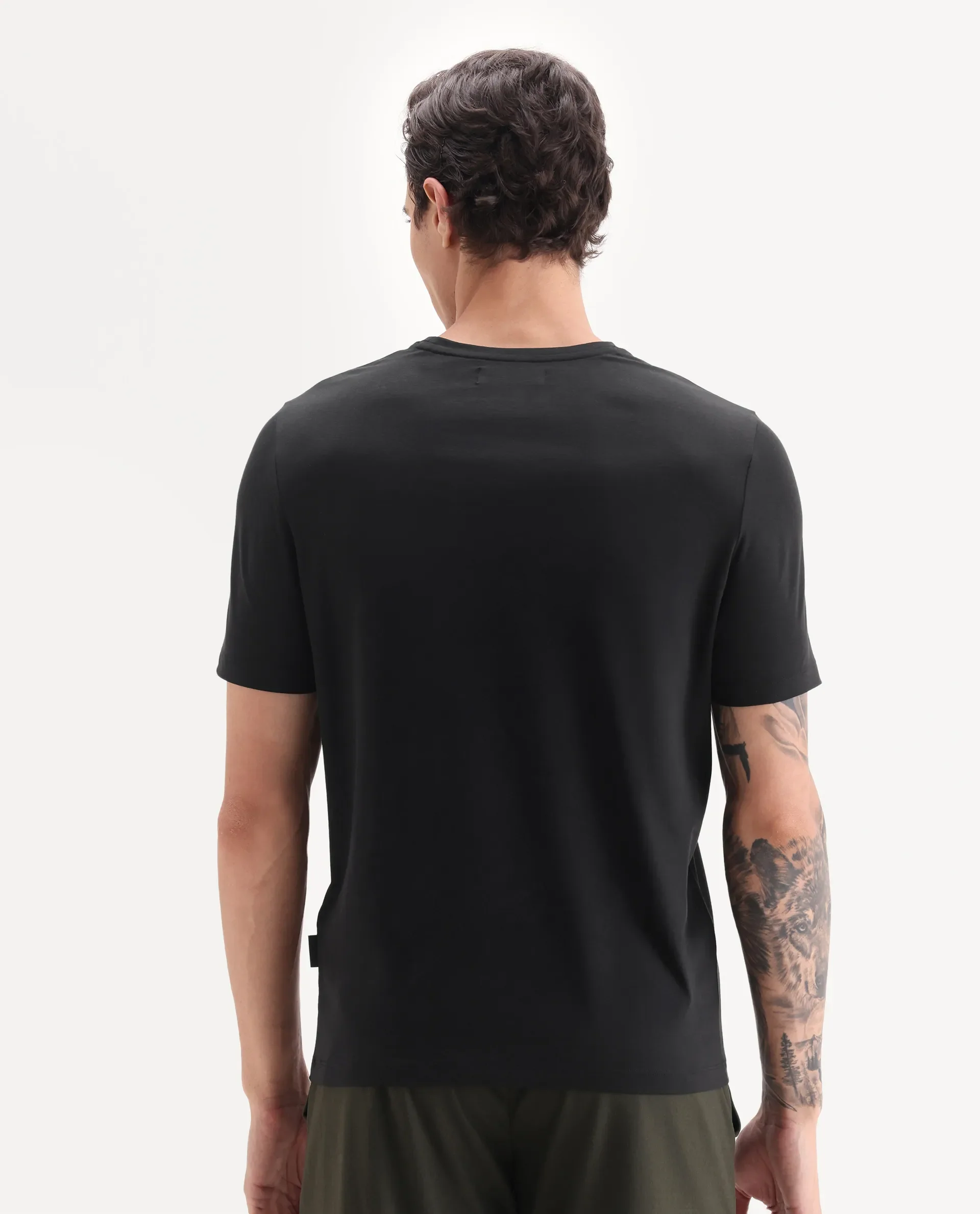 Rare Rabbit Men's Veltra Black Cotton Blend Plain Regular Fit Half Sleeve Crew Neck T-Shirt - Image 8
