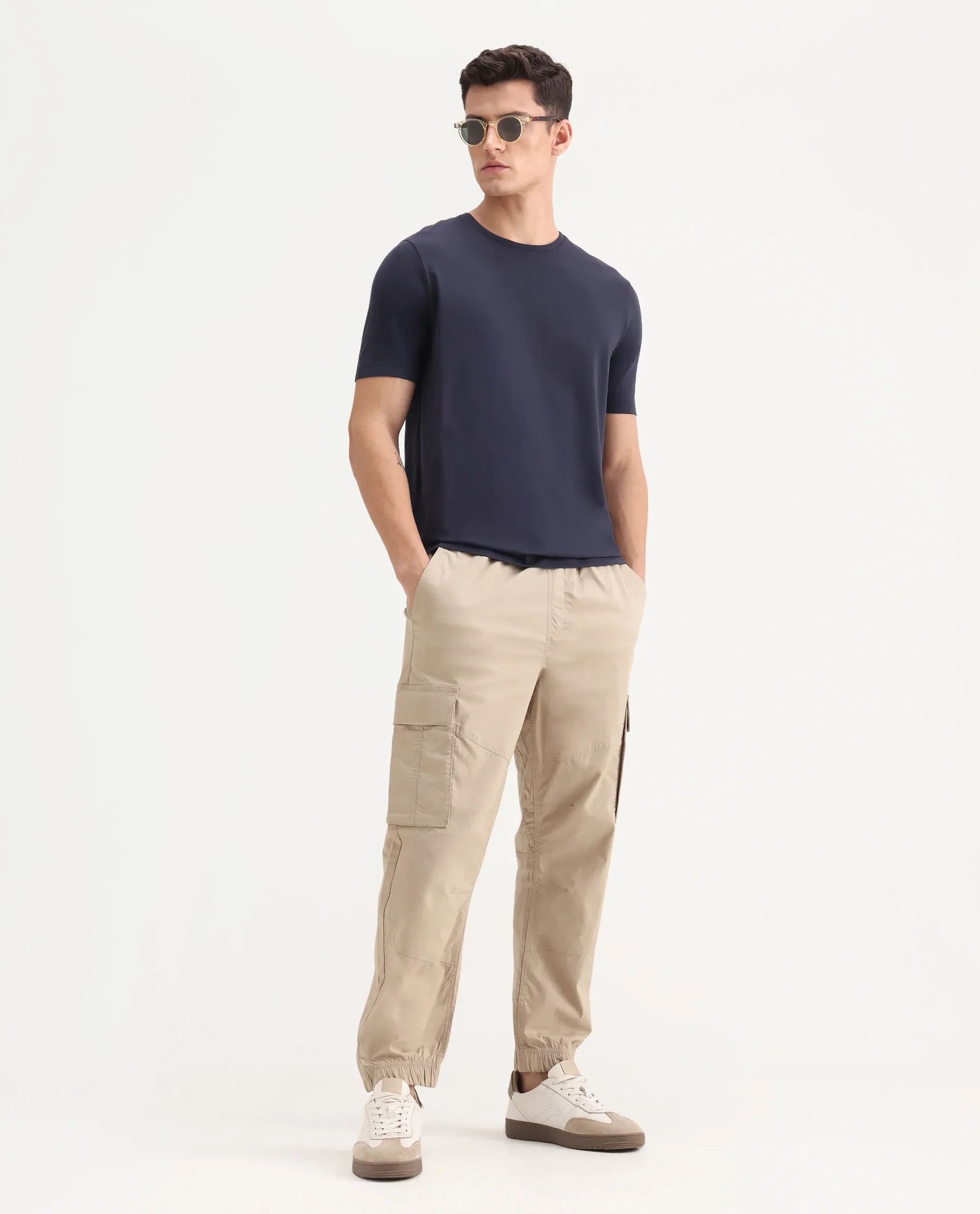 Rare Rabbit Men's Veltra Dark Navy Cotton Blend Plain Regular Fit Half Sleeve Crew Neck T-Shirt - Image 2
