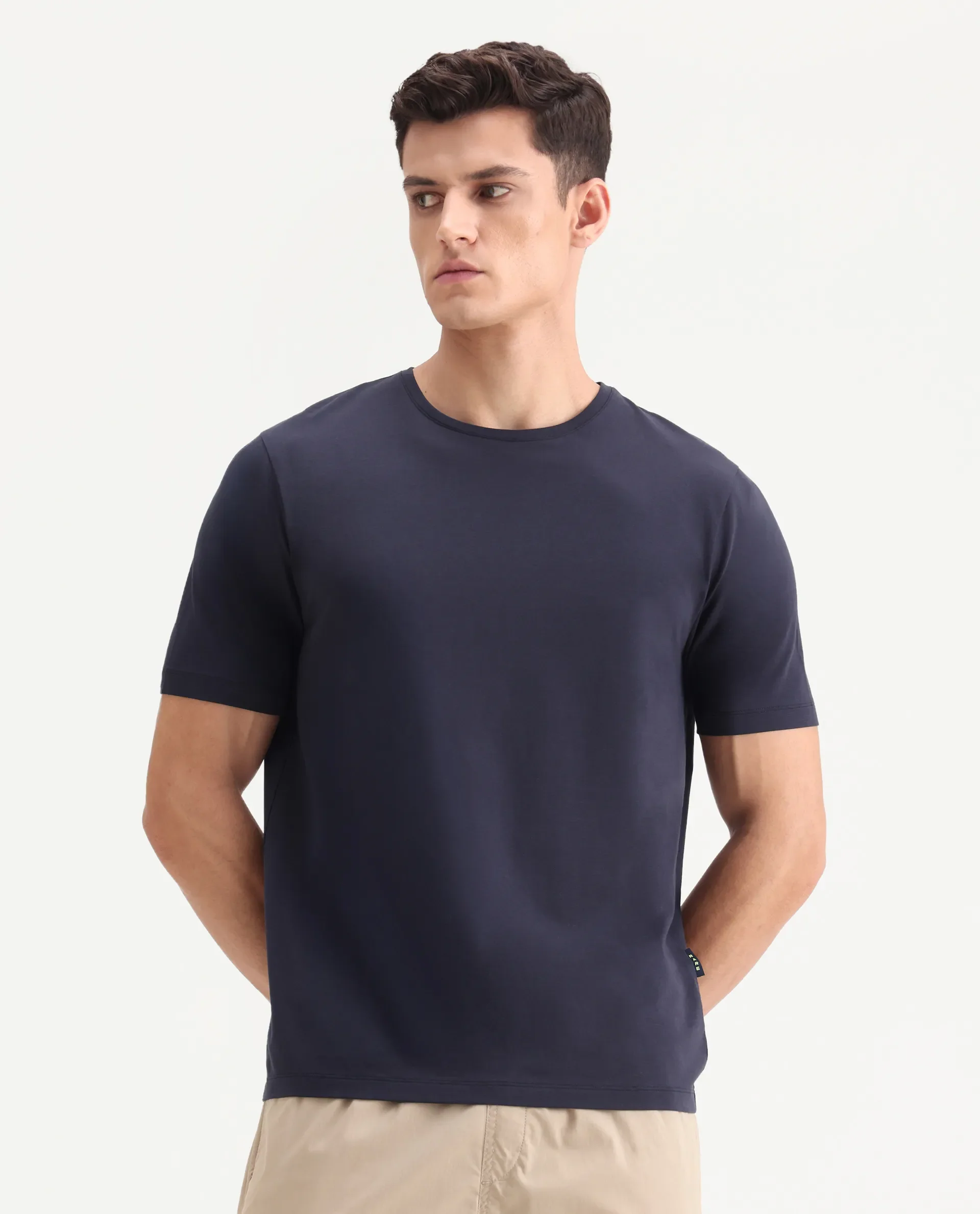 Rare Rabbit Men's Veltra Dark Navy Cotton Blend Plain Regular Fit Half Sleeve Crew Neck T-Shirt - Image 5