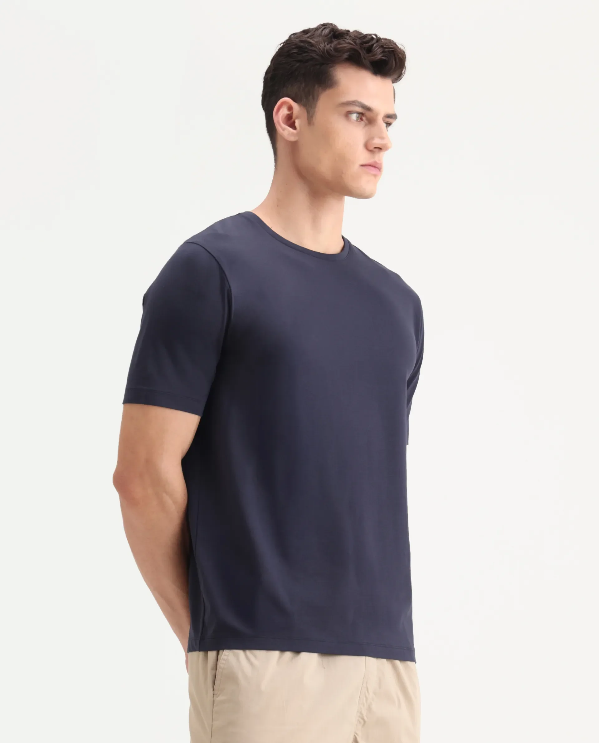 Rare Rabbit Men's Veltra Dark Navy Cotton Blend Plain Regular Fit Half Sleeve Crew Neck T-Shirt - Image 6