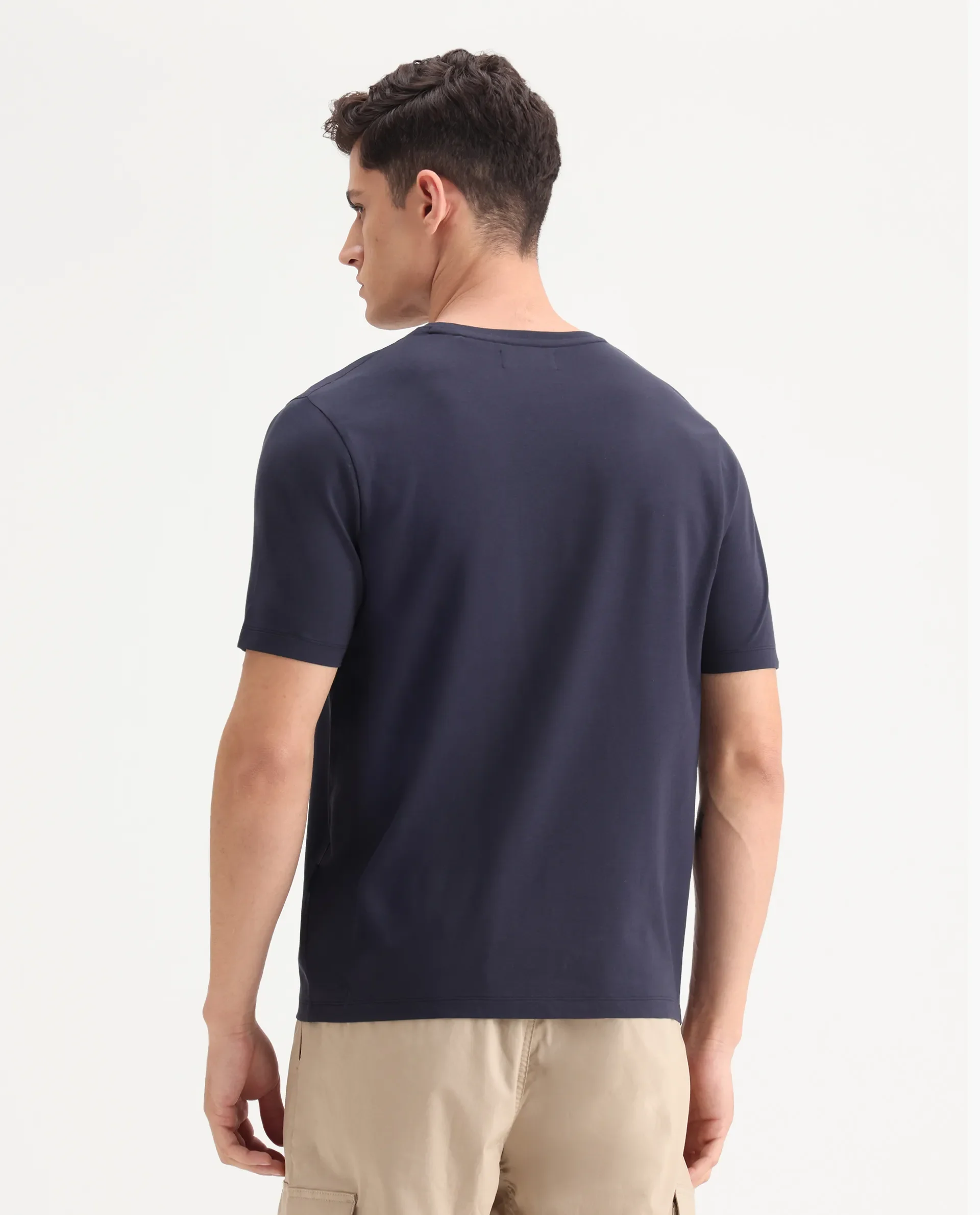 Rare Rabbit Men's Veltra Dark Navy Cotton Blend Plain Regular Fit Half Sleeve Crew Neck T-Shirt - Image 7