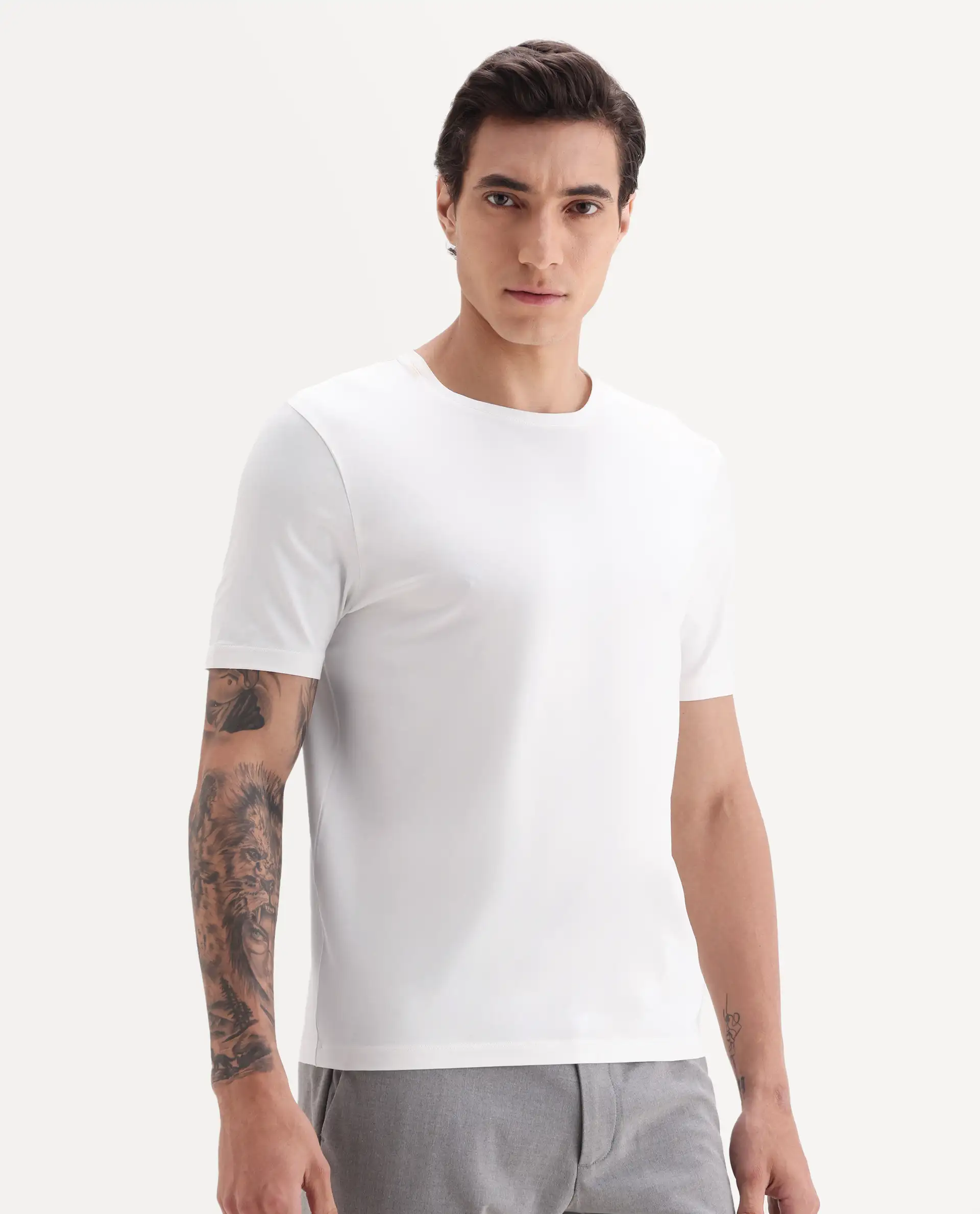 Rare Rabbit Men's Veltra Off White Cotton Blend Plain Regular Fit Half Sleeve Crew Neck T-Shirt - Image 5