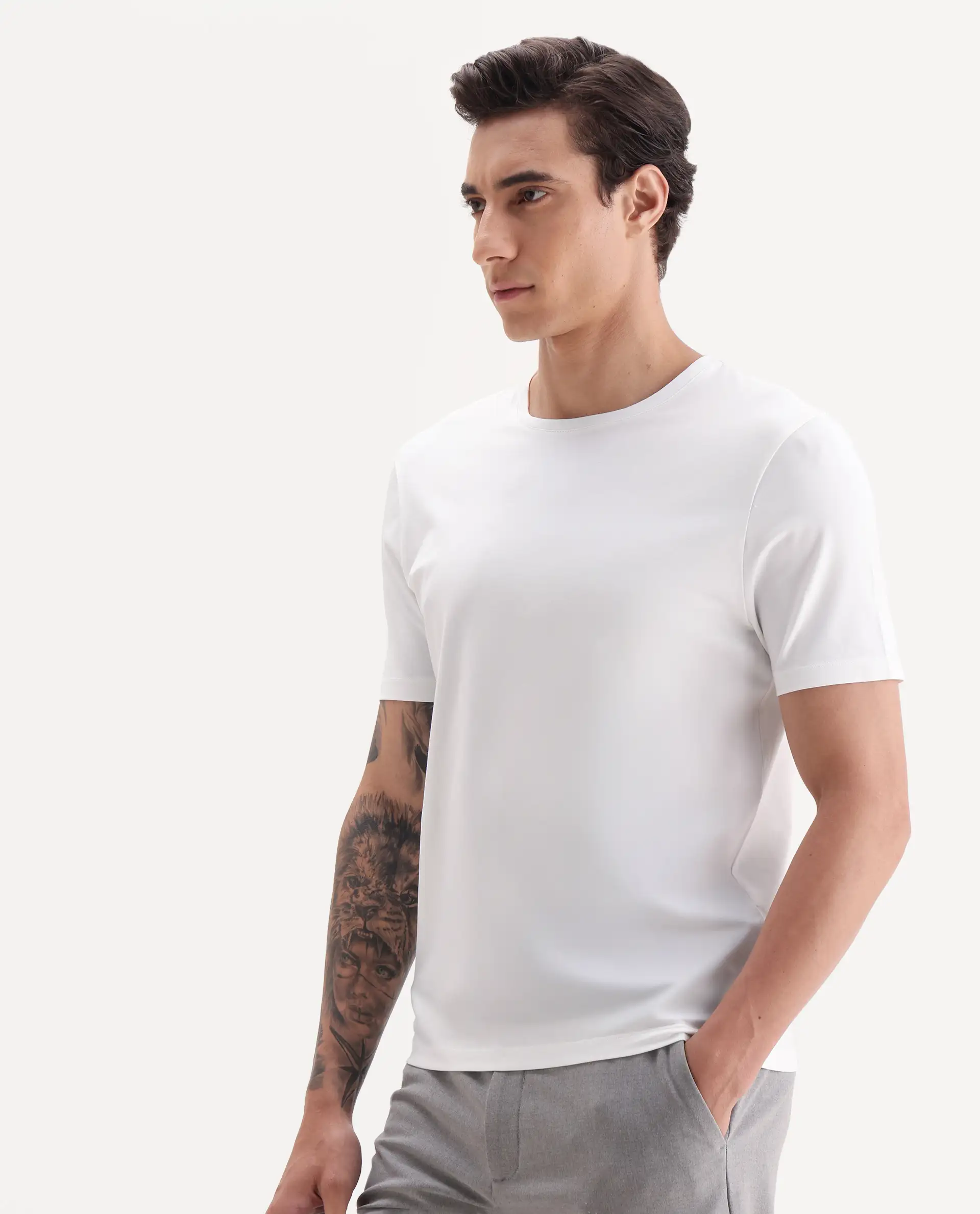Rare Rabbit Men's Veltra Off White Cotton Blend Plain Regular Fit Half Sleeve Crew Neck T-Shirt - Image 6