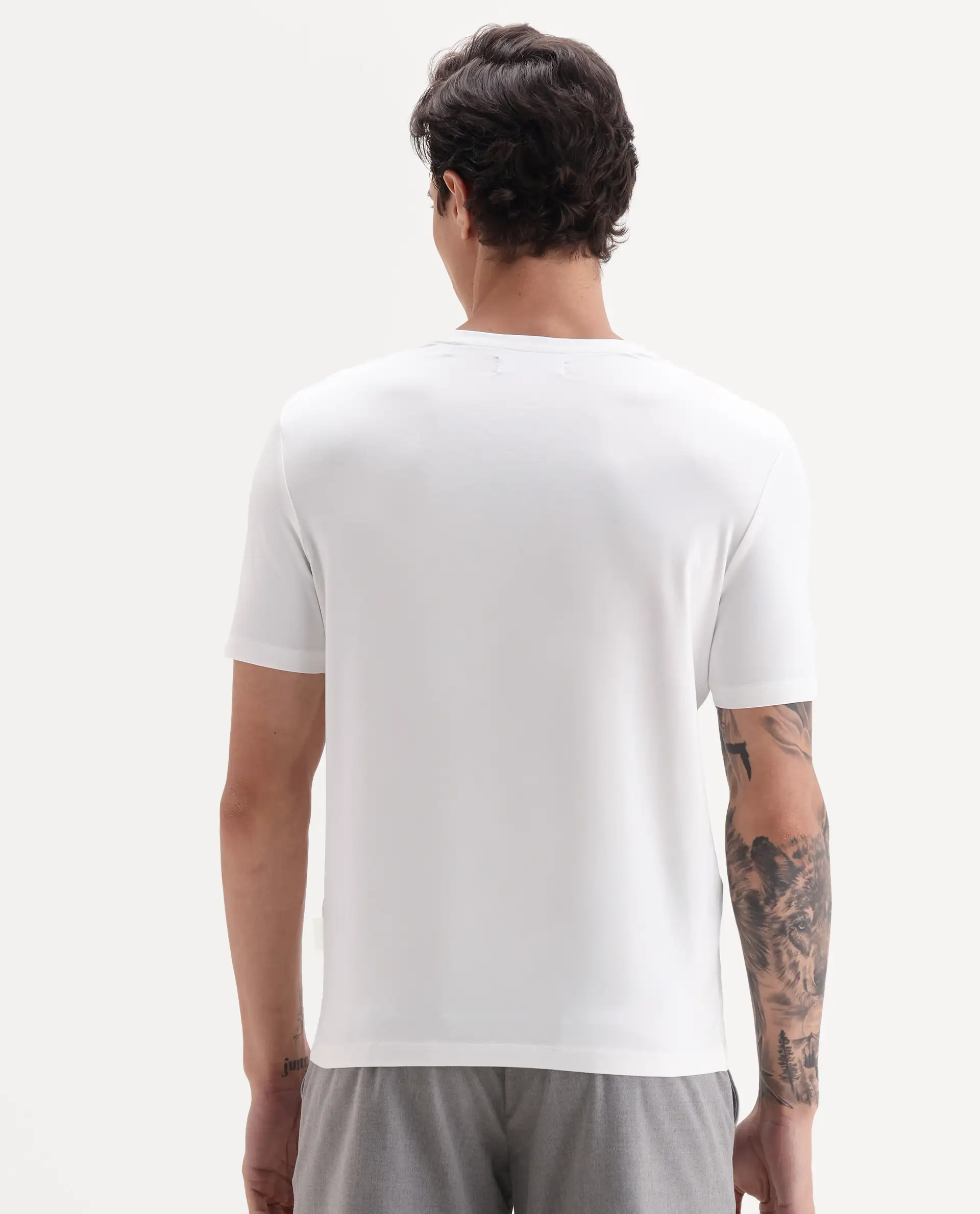Rare Rabbit Men's Veltra Off White Cotton Blend Plain Regular Fit Half Sleeve Crew Neck T-Shirt - Image 9