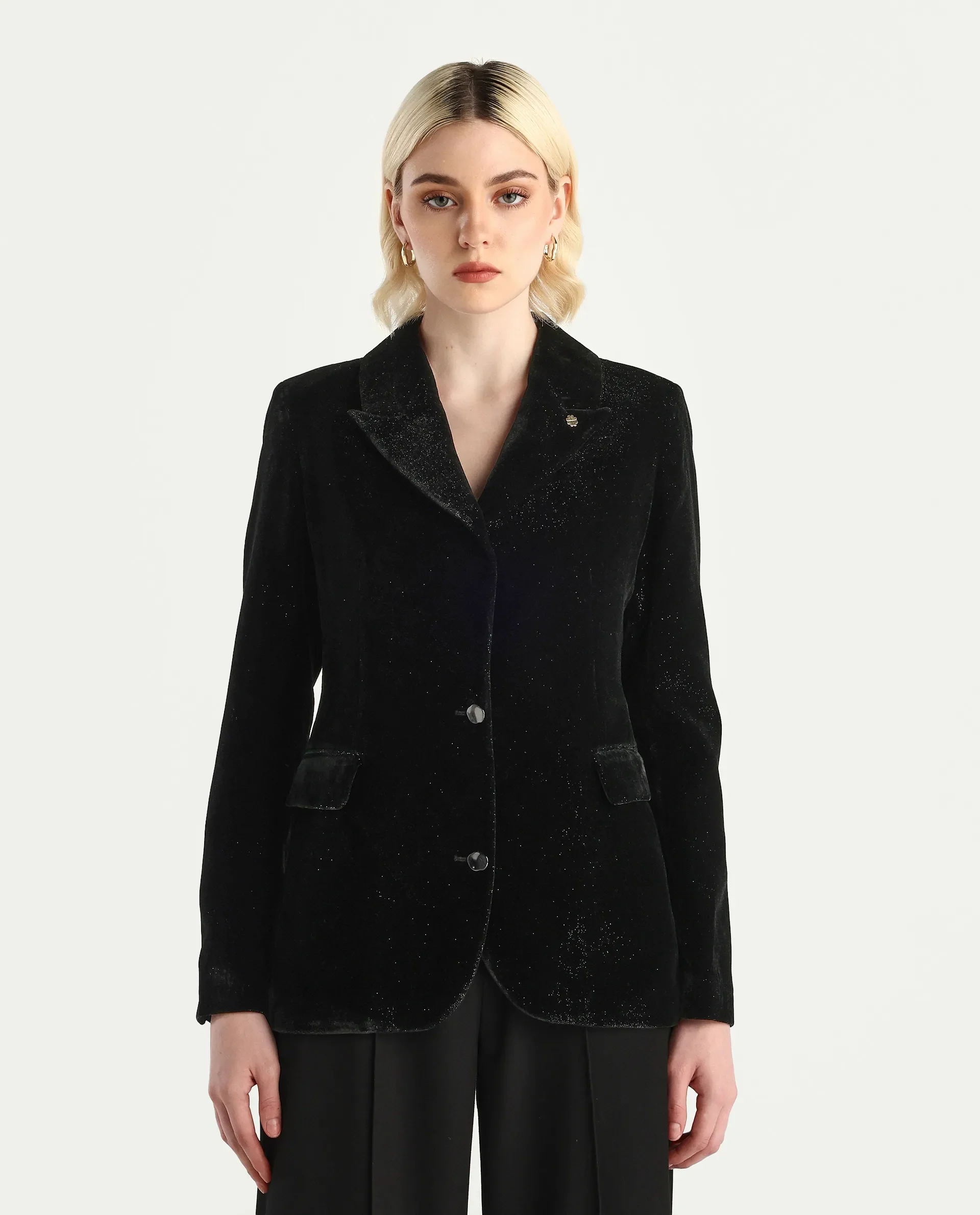 Rareism Women's Velux Black Polyester Lapel Neck Regular Fit Plain Blazer - Image 3