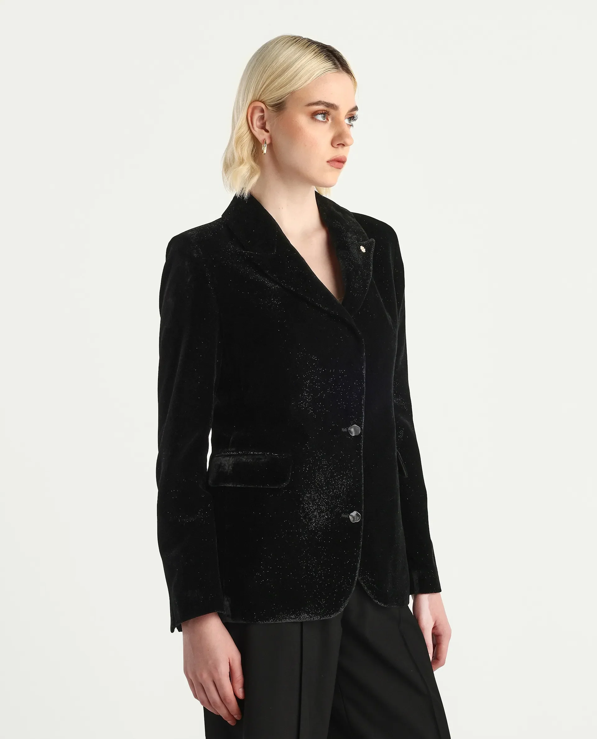 Rareism Women's Velux Black Polyester Lapel Neck Regular Fit Plain Blazer - Image 6