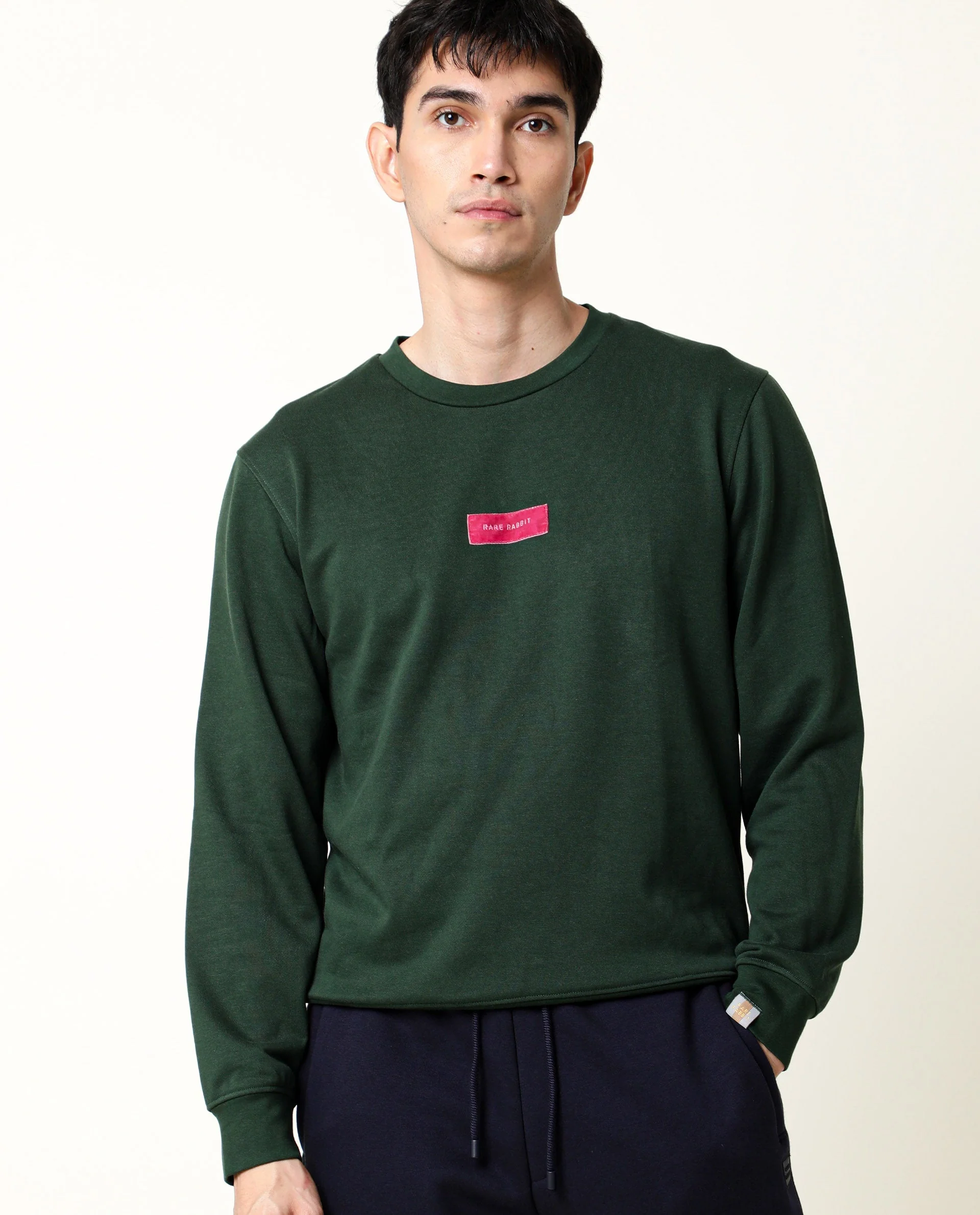 Rare Rabbit Men's Velveto Green Cotton Plain Regular Fit Full Sleeve Crew Neck Sweatshirt - Image 3