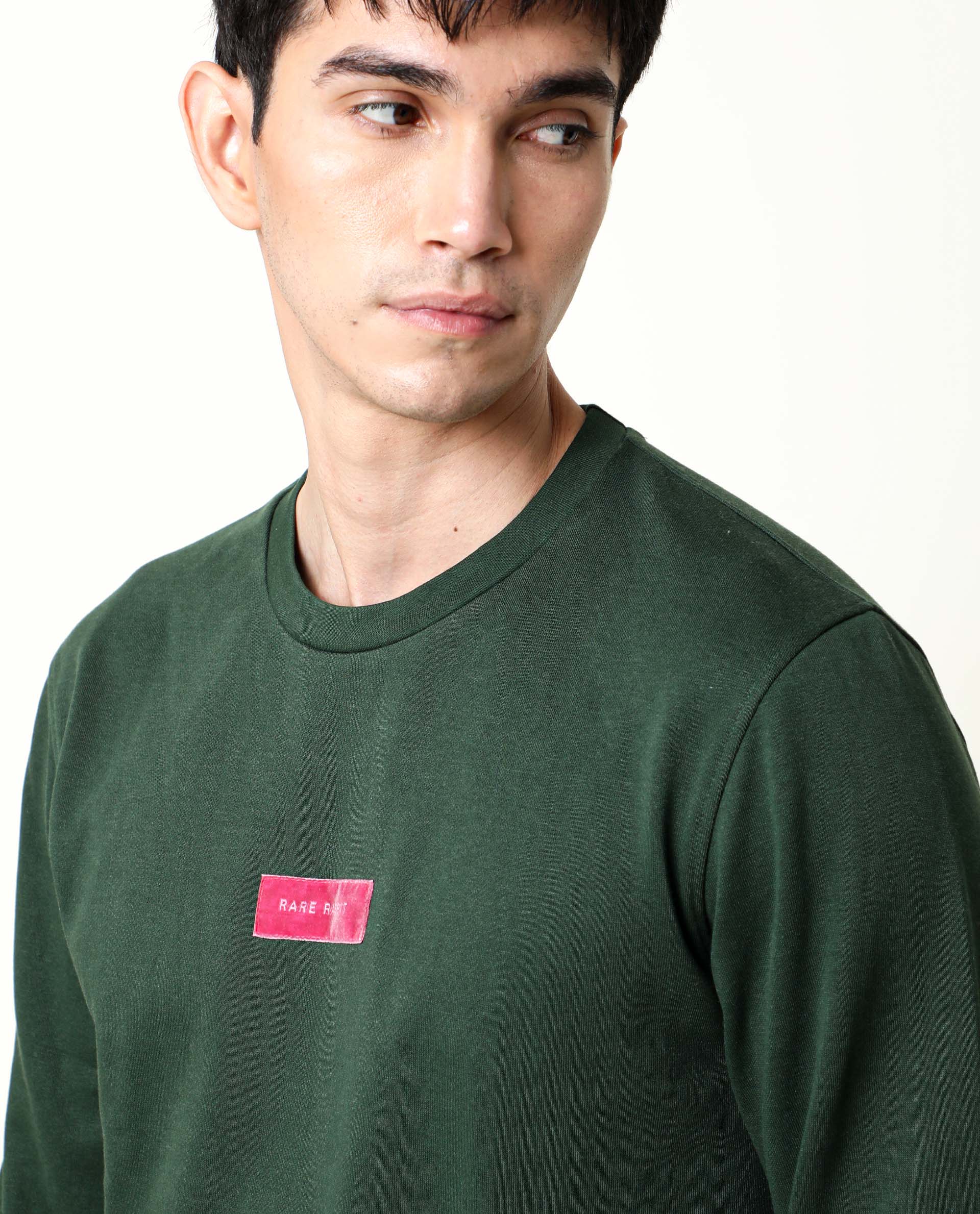 Rare Rabbit Men's Velveto Green Cotton Plain Regular Fit Full Sleeve Crew Neck Sweatshirt - Image 4