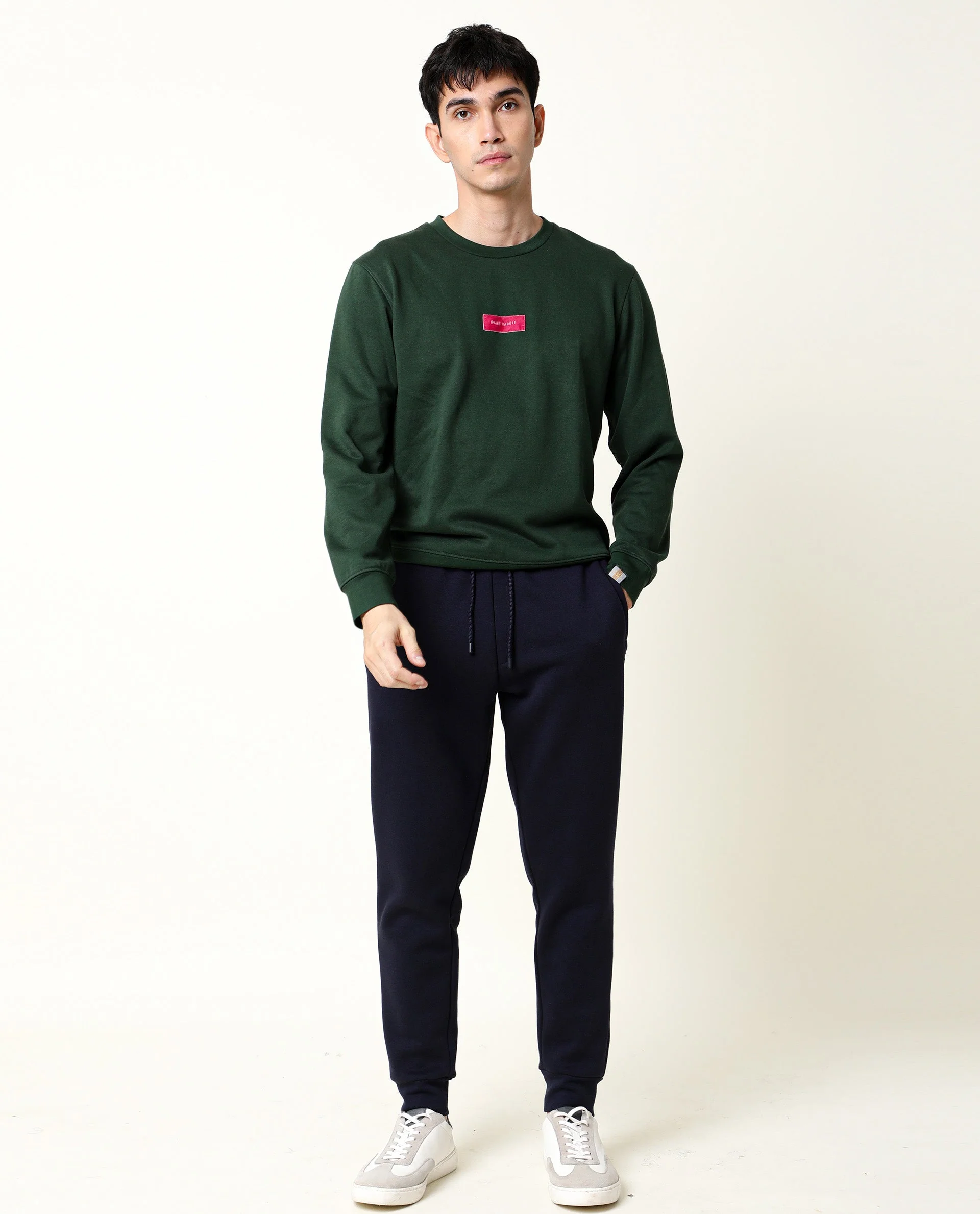 Rare Rabbit Men's Velveto Green Cotton Plain Regular Fit Full Sleeve Crew Neck Sweatshirt - Image 5