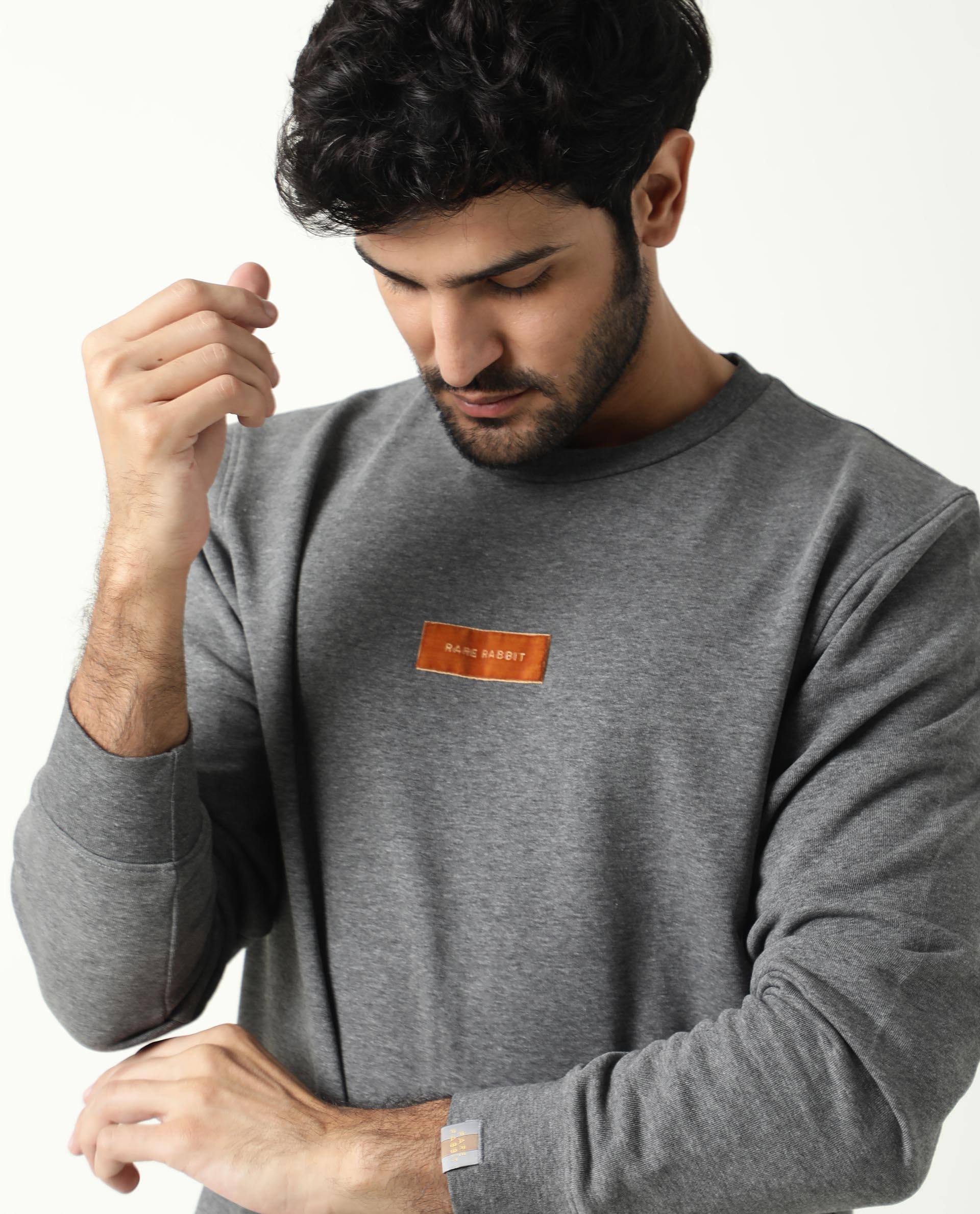 Rare Rabbit Men's Velveto Grey Cotton Plain Regular Fit Full Sleeve Crew Neck Sweatshirt - Image 2